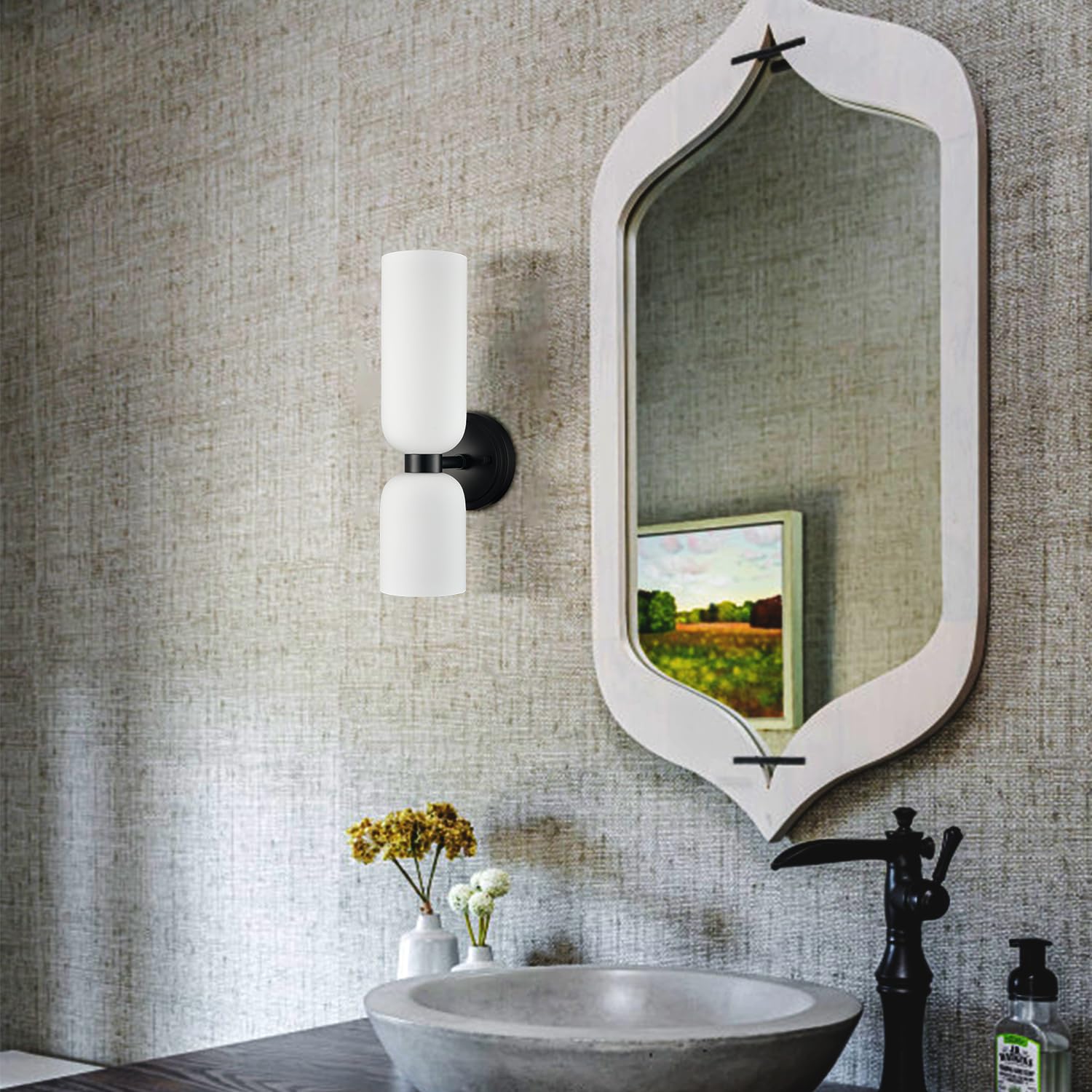DEYNITE Black Wall Sconces Set of Two, 2-Light Modern Vanity Light with Milky White Glass, Model B3216-2BU-BK-N-2