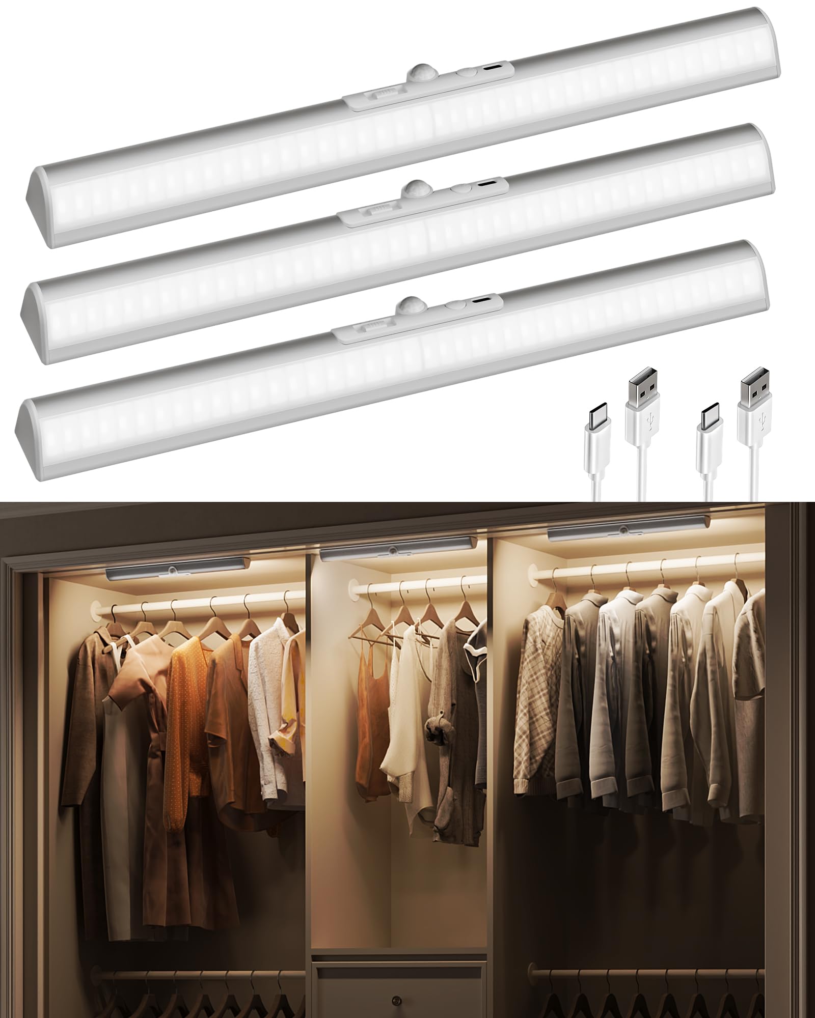 EZVALO 17-Inch LED Motion Sensor Closet Lights, 3600mAh Rechargeable Battery Operated, 150 Lumens No-Glare Curved, 3 Color Tempe