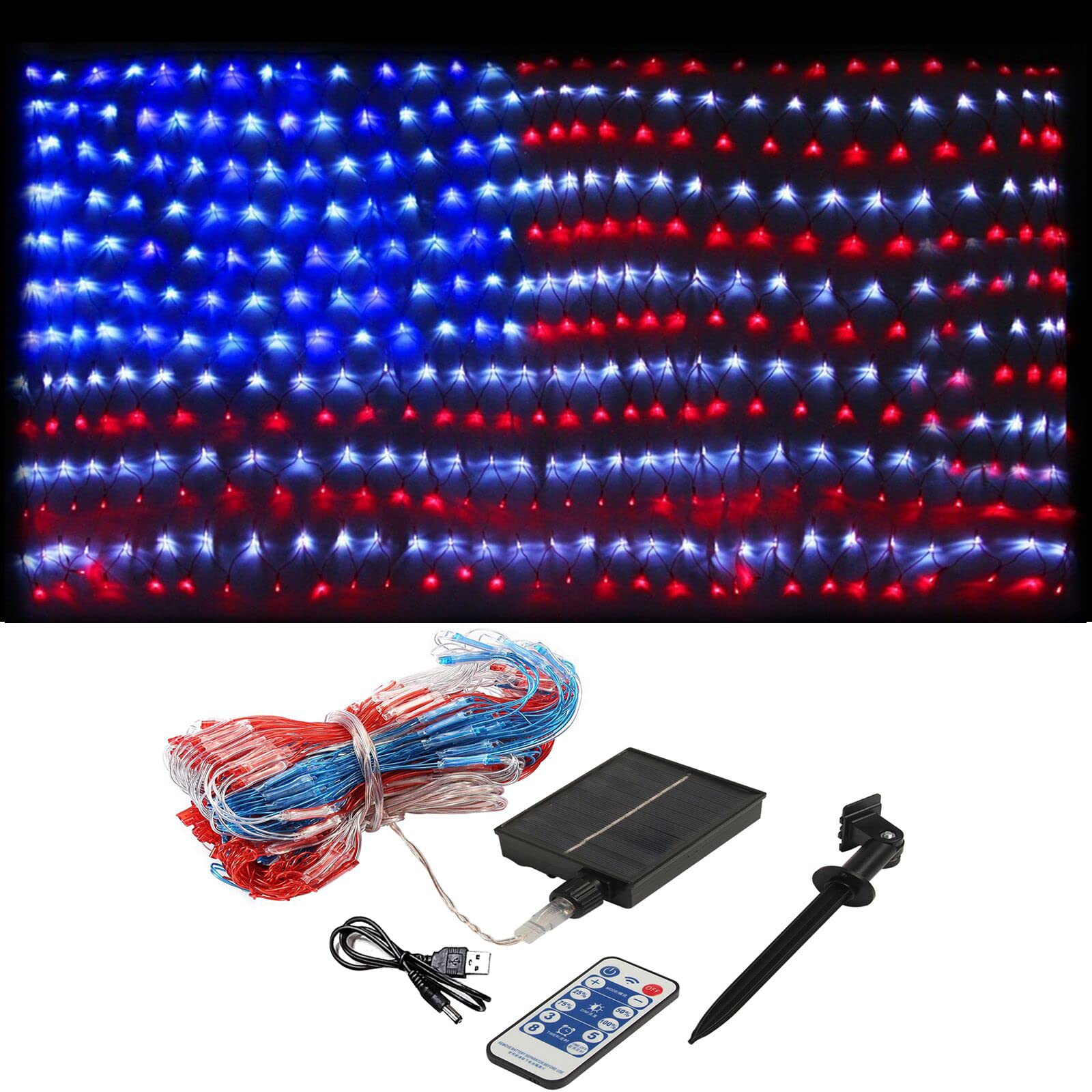 XTF2015 Solar American Flag Lights, 2 in 1 Solar Powered & Plug in American Flag Light, 420 LED Waterproof Patriotic Ornaments f