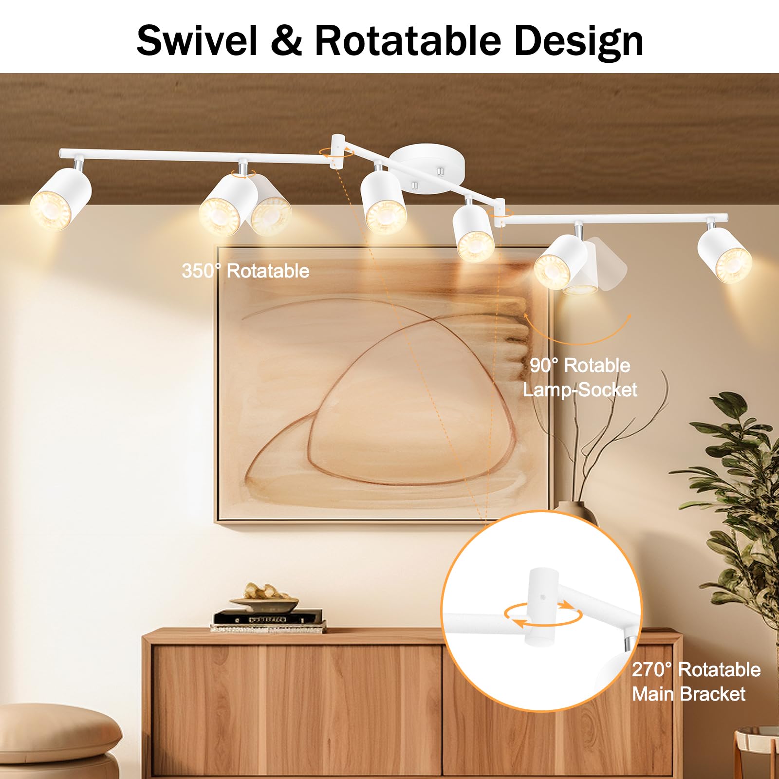 Boostarea Led 6 Light Track Lighting Kit, White 6 Way Ceiling Spot Lighting, Flexibly Rotatable Light Head For Kitchen, Living R