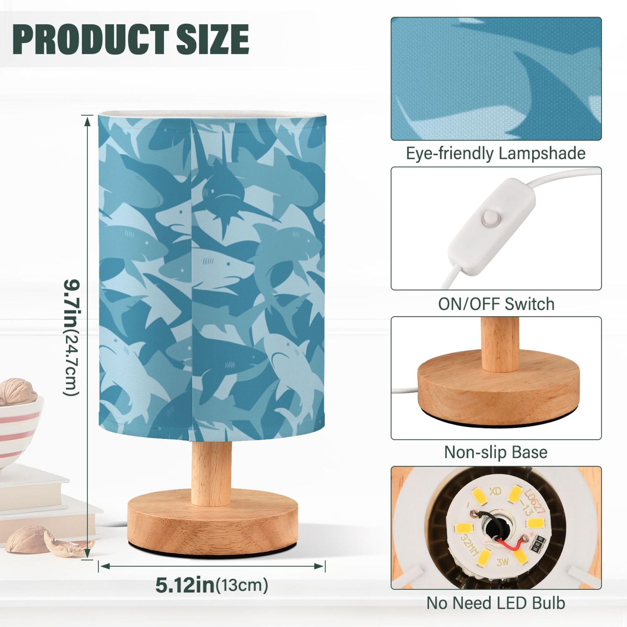 Yyzzh Table Lamp Blue Shark Pattern Marine Animal Nightstand Lamp With Wood Base Fabric Lamp Shade Bedside Desk Lamp For Living