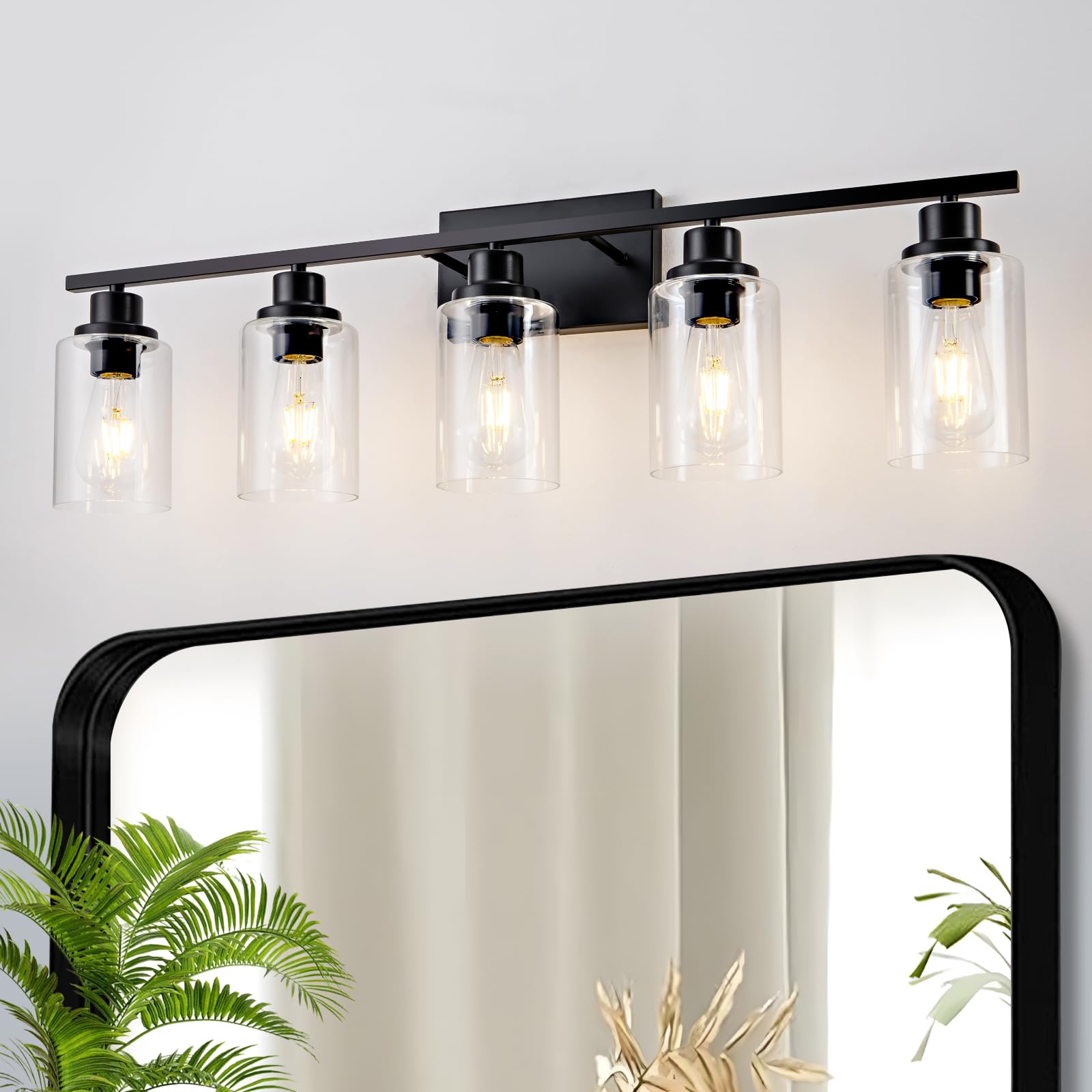 HCCZ 5 Light Bathroom Light Fixtures Black Metal Vanity Light Over Mirror E26 Socket with Glass Shade Model 800-100-1083