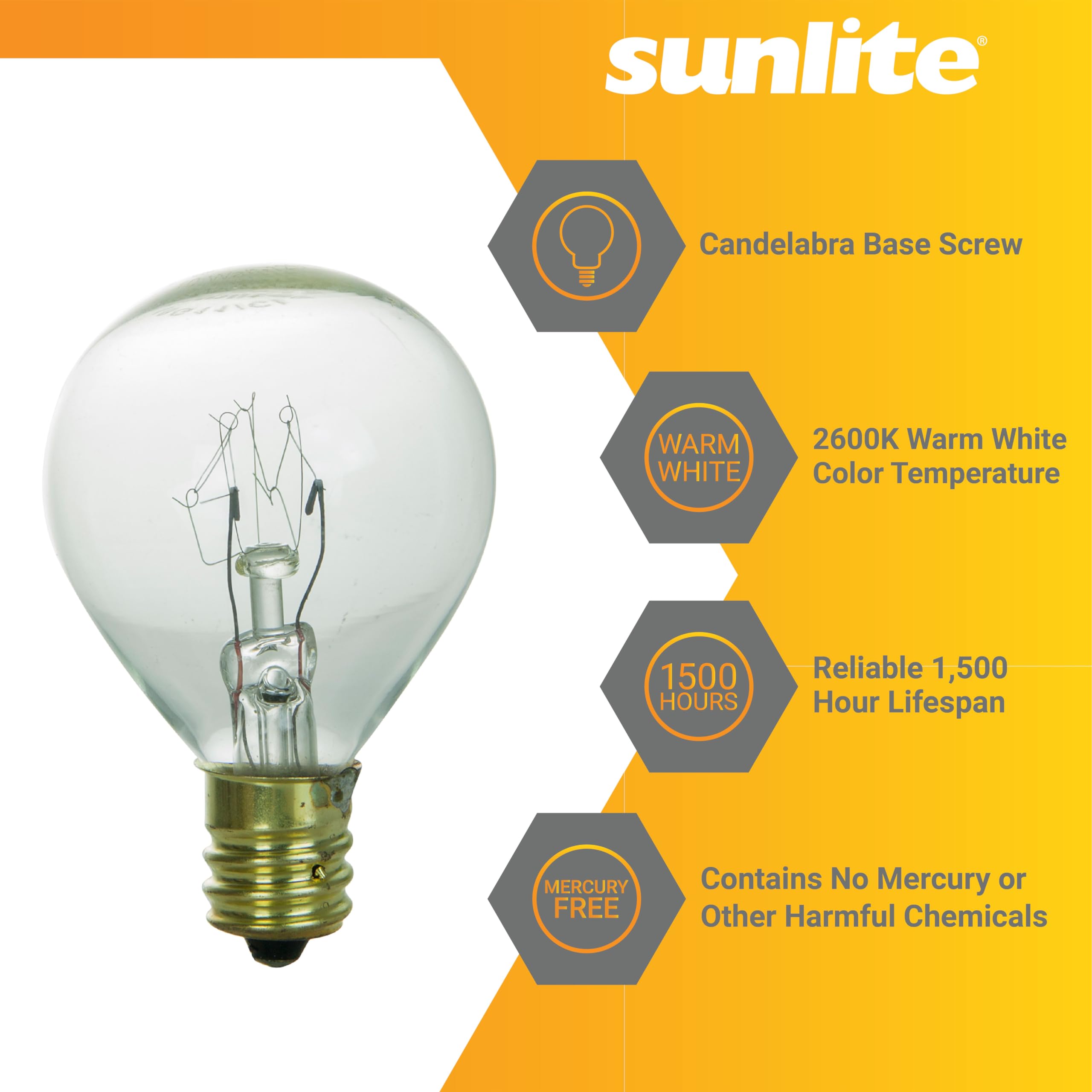 Sunlite G11 Globe Incandescent Light Bulbs, 10 Watts, 65 Lumens, Candelabra E12 Screw, 120 Volt, Dimmable, Title-20 Compliant, 2