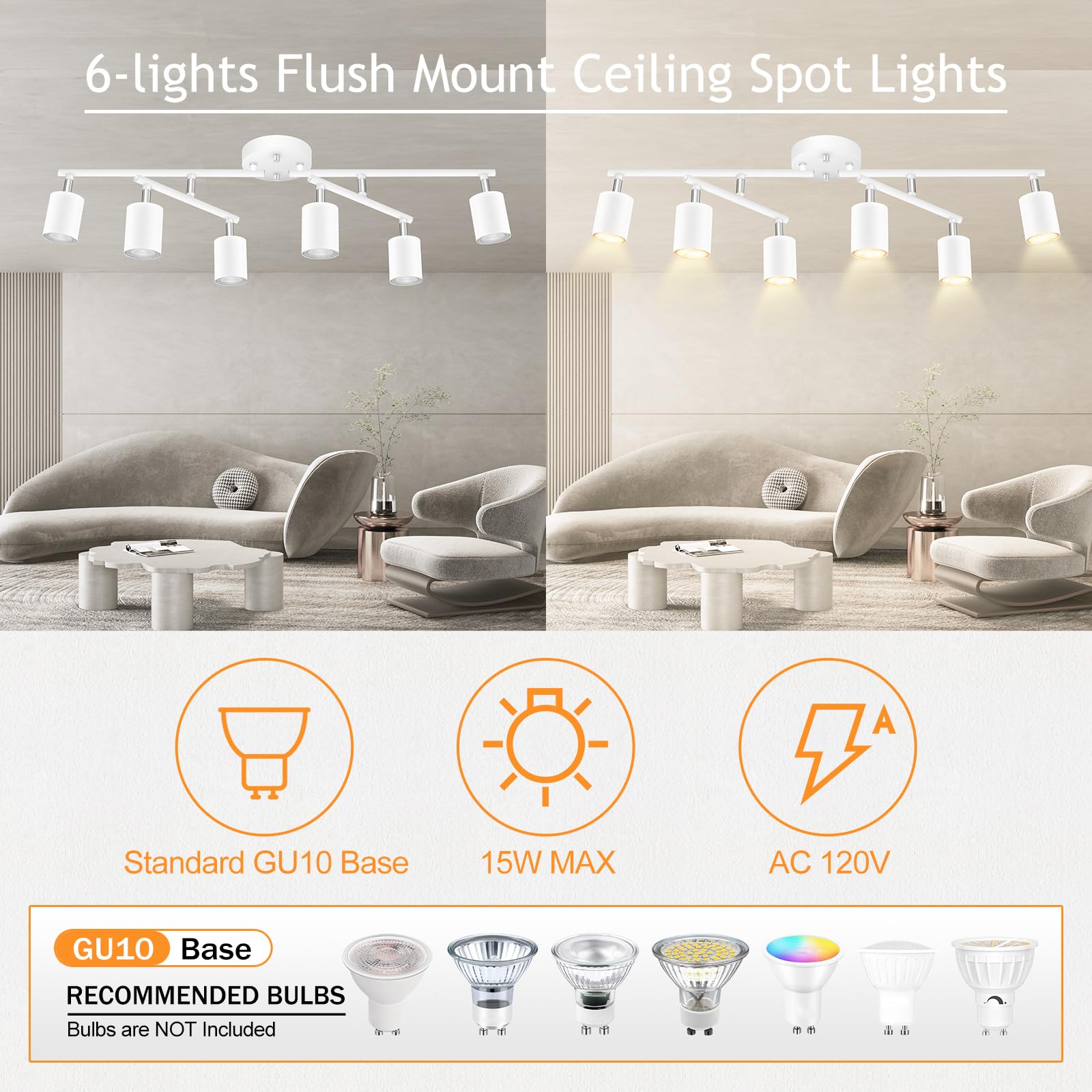 Boostarea 6 Light Track Lighting Kit, White 6 Way Ceiling Spot Lighting, Center Swivel Track Light Heads, Flexibly Rotatable Lig