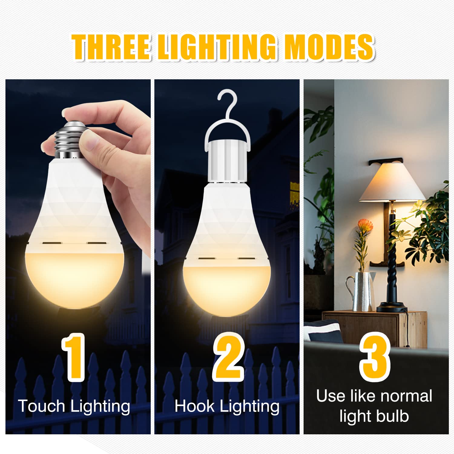 BoRccdit A19 Rechargeable Light Bulbs, 12W Soft White, 3PK, 1200mAh Battery Backup for Home Power Failure & Hurricane Supplies