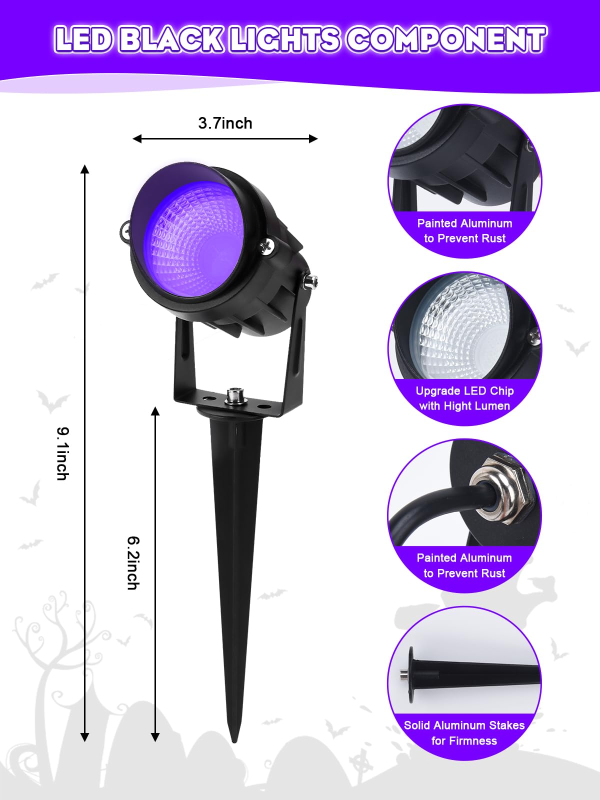 Aodiyipei Outdoor Black Light Halloween Spotlight, 12W Purple Spotlights Led Blacklight, Waterproof Spot Landscape Lights With Us Plug For Glow Party, Poster, Bar, Yard, Garden Gyms Decor (2Pack)