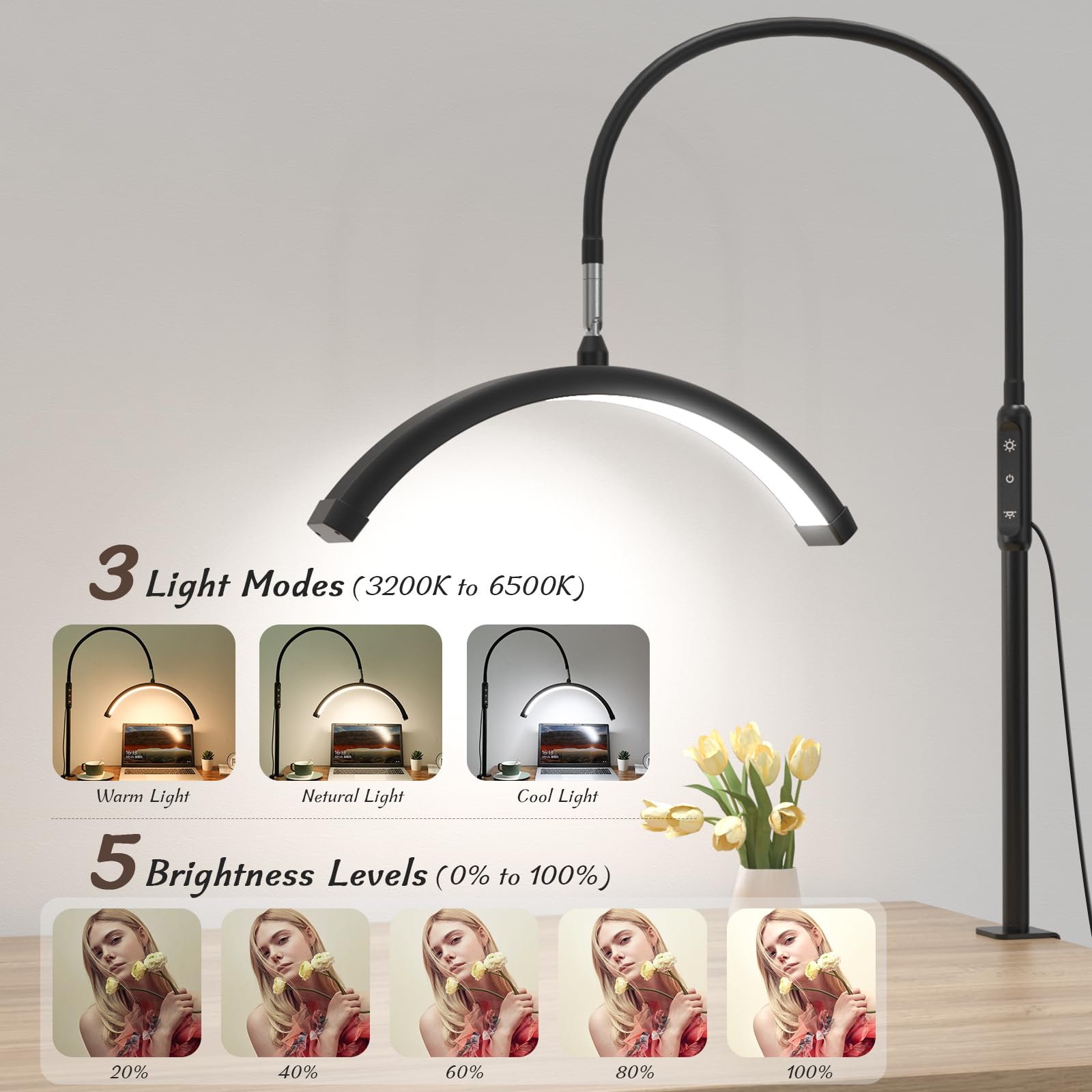 Mznoo Half Moon Light With Clamp, Led Manicure Table Lamp, Desk Lamp For Nail Desk, Eyelash Extensions, Skincare And Tattoo, 5 B