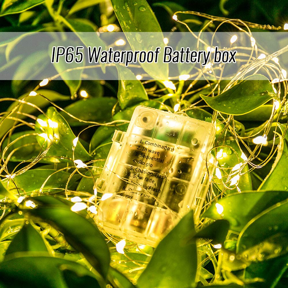ANJAYLIA Fairy Lights 100 LED Battery Operated Waterproof String Lights 33ft 2 Pack Warm White Model AN-002