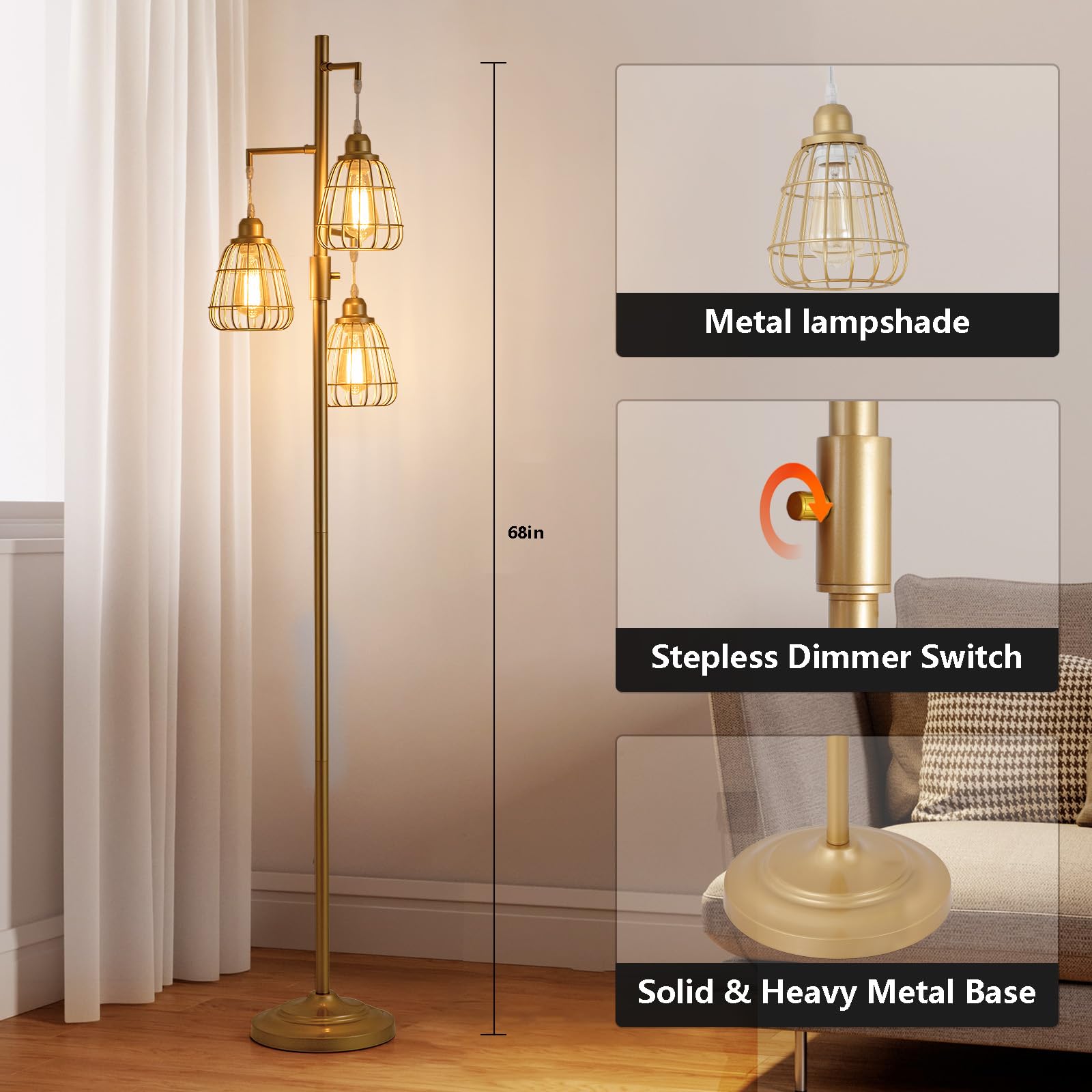 9Mmml Gold Dimmable Floor Lamp,Industrial Farmhouse Tall Standing Floor Lamp For Living Room, Bedroom, Corner,Office,Gold 3 Tear