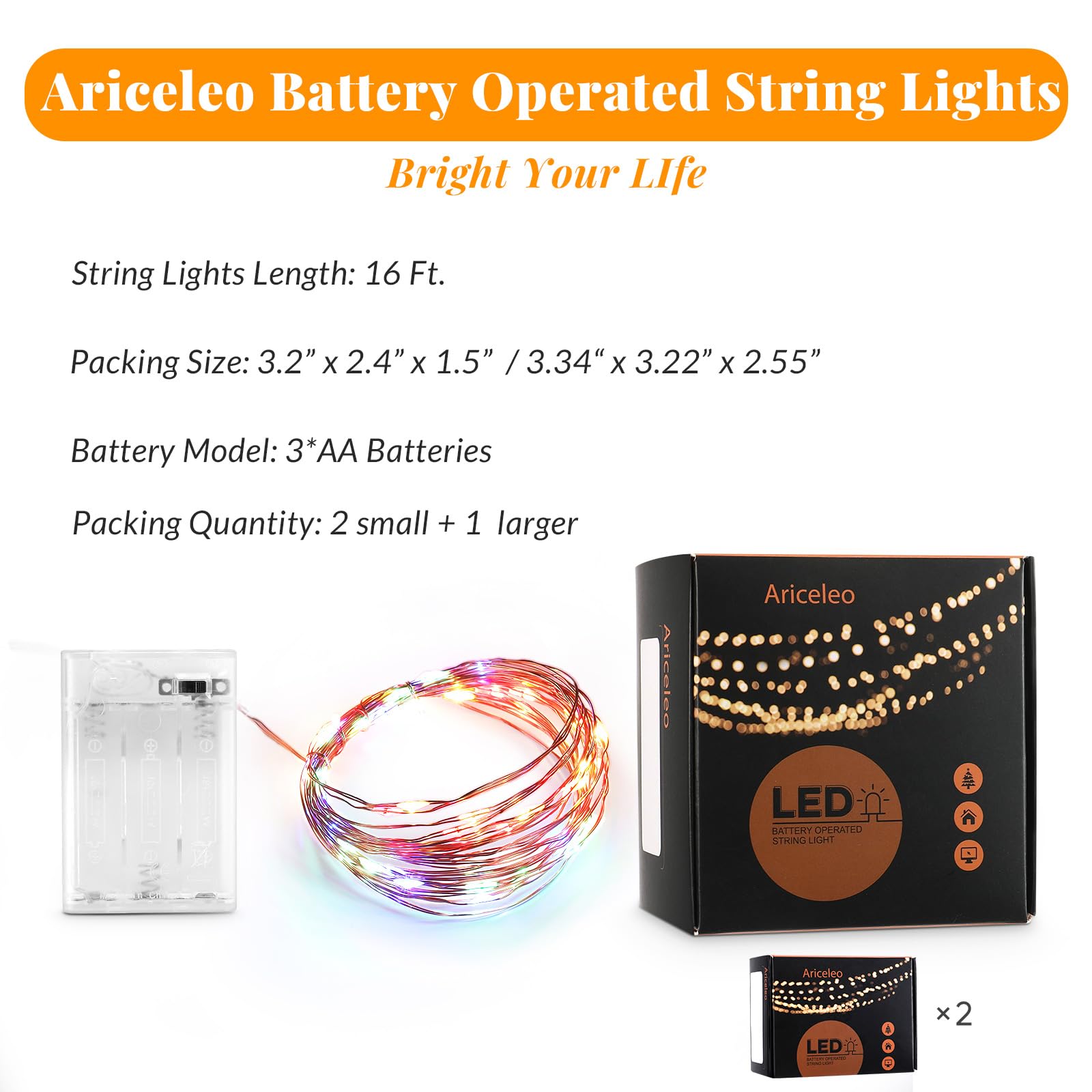 Ariceleo Led Fairy Lights Battery Operated, 2 Packs Mini Battery Powered Copper Wire Starry Fairy Lights for Bedroom, Christmas,