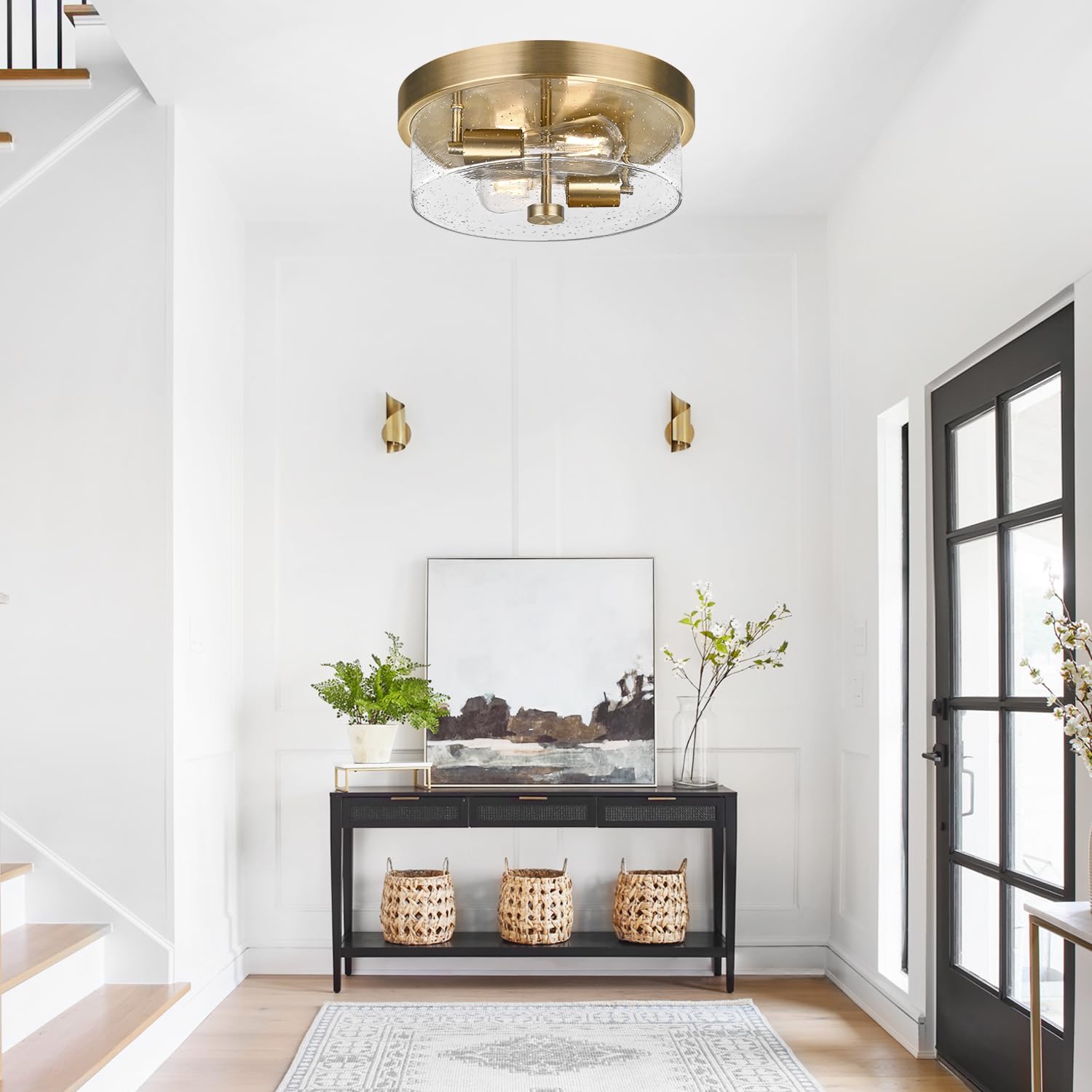 Flush Mount Ceiling Light Fixtures, 2-Light Brass Ceiling Mount For Farmhouse With Seeded Glass Lampshade, Industrial Hall Flush