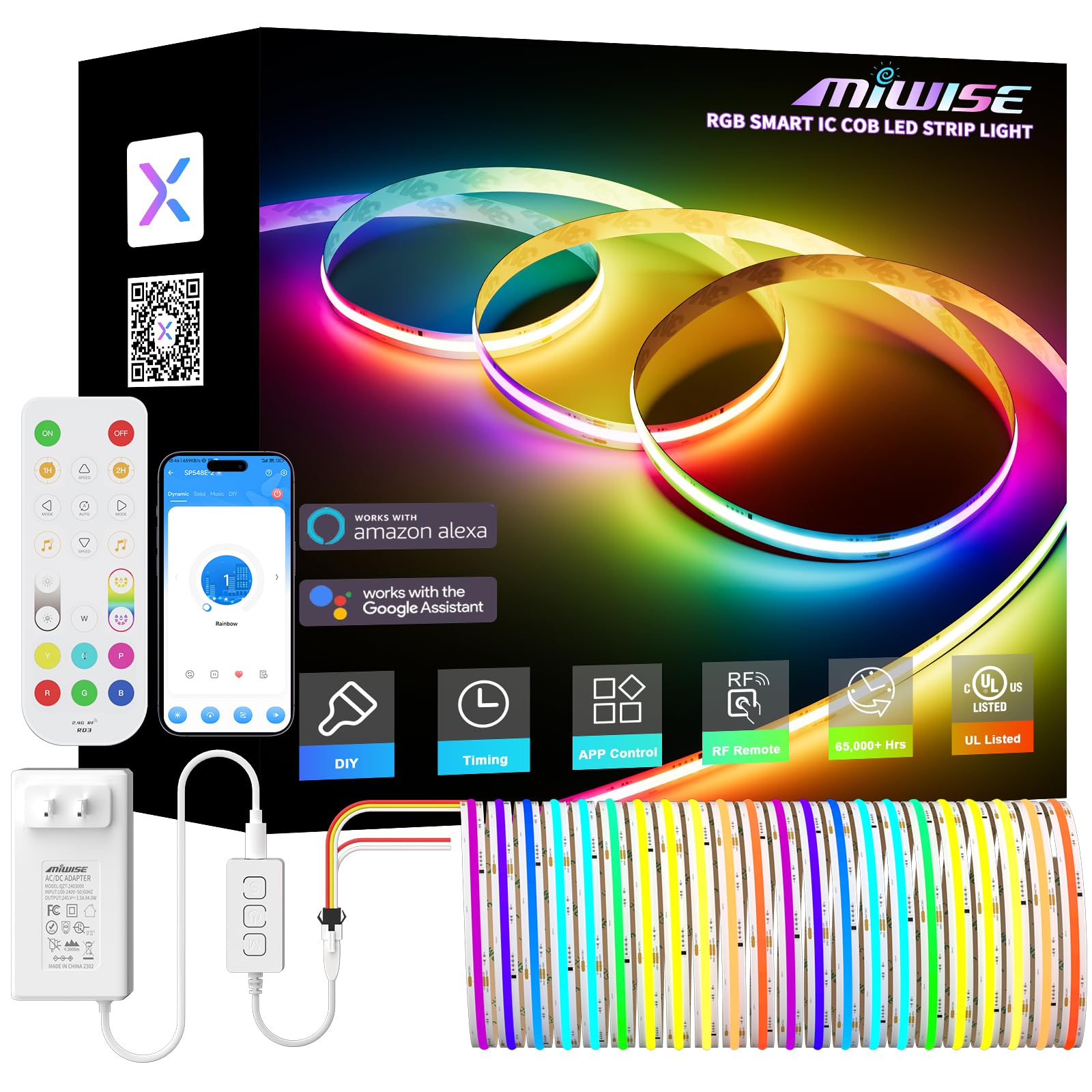 MIWISE RGB Smart IC COB LED Strip Light,32.8ft Color Chasing Flexible LED Tape Light,WS2811 Addressable RGB Strip with APP Contr