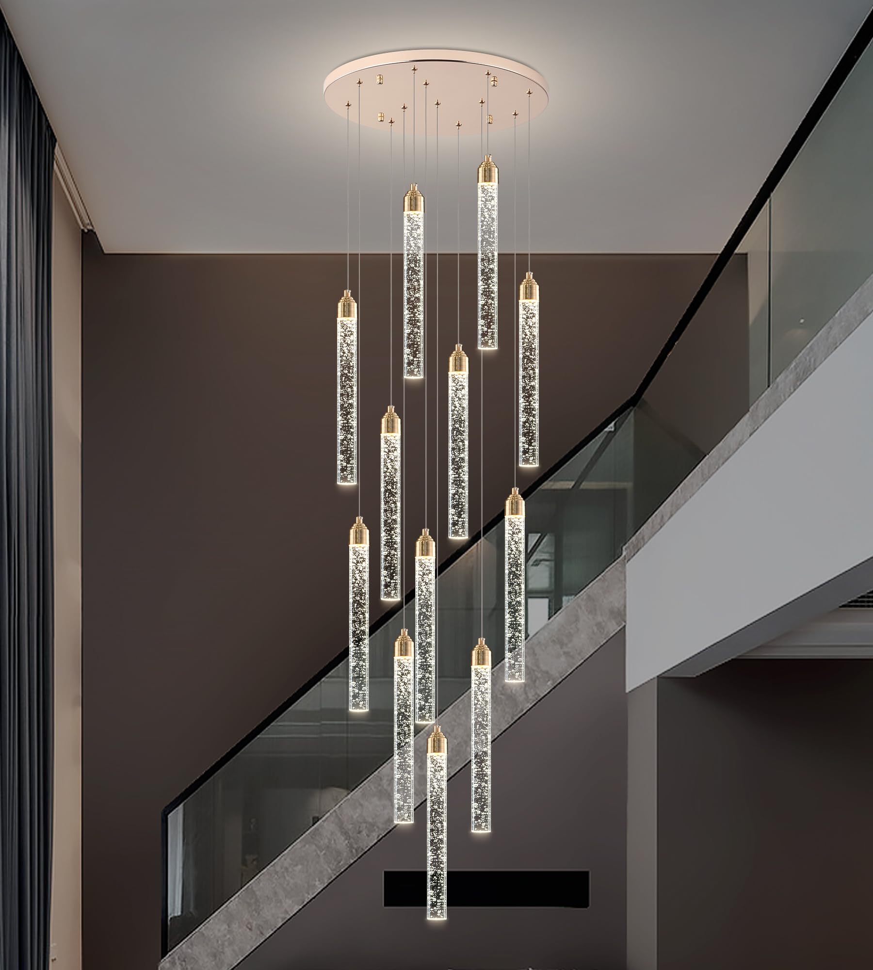 YwueChwu 12-Lights High Ceiling Crystal Staircase Chandelier Gold, Modern Spiral Raindrop Dimmable LED Bubble Cluster Ceiling Ha