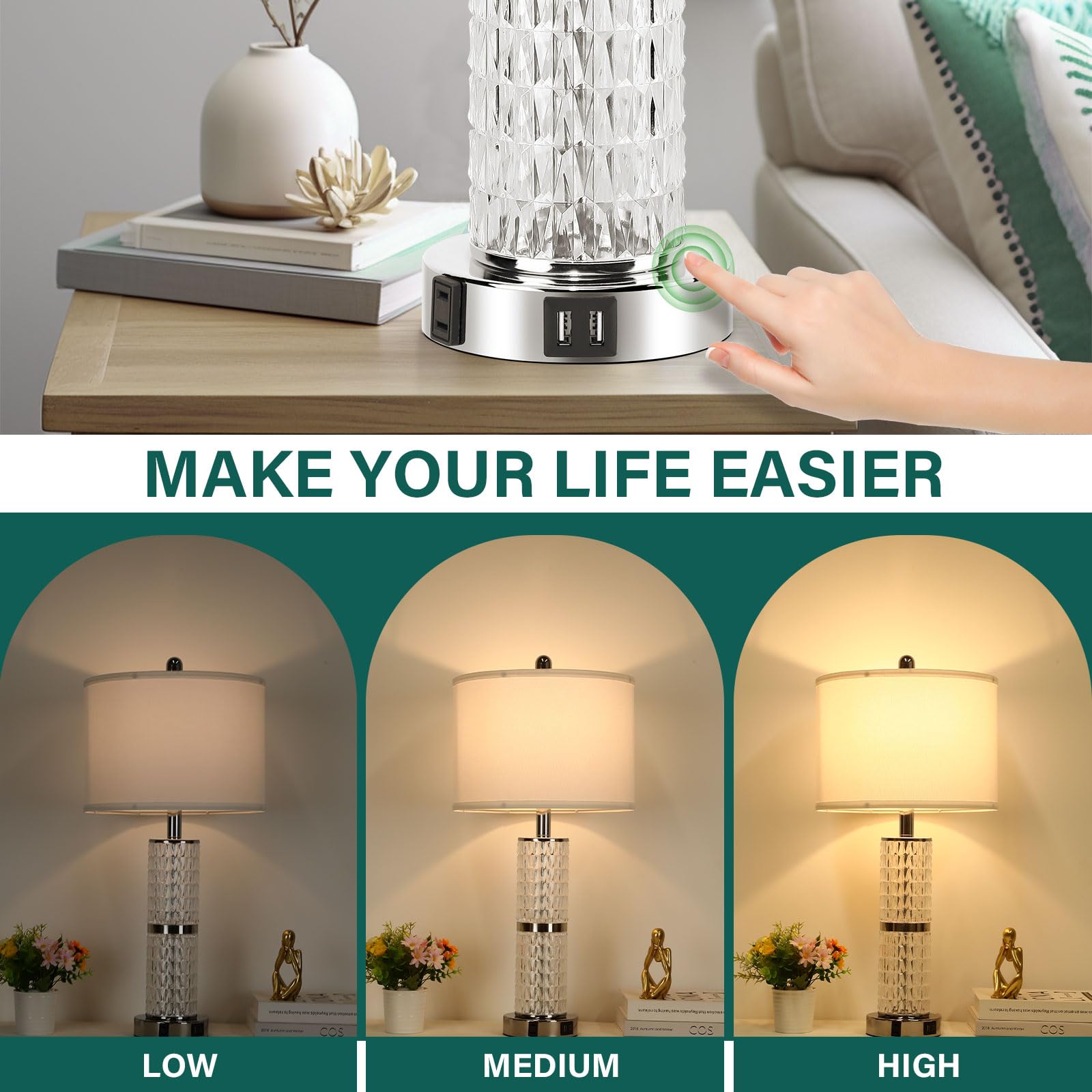 Gobright 3-Way Touch Control Crystal Table Lamps Set Of 2 With Usb Ports & Ac Outlets, 26&quot; Tall
