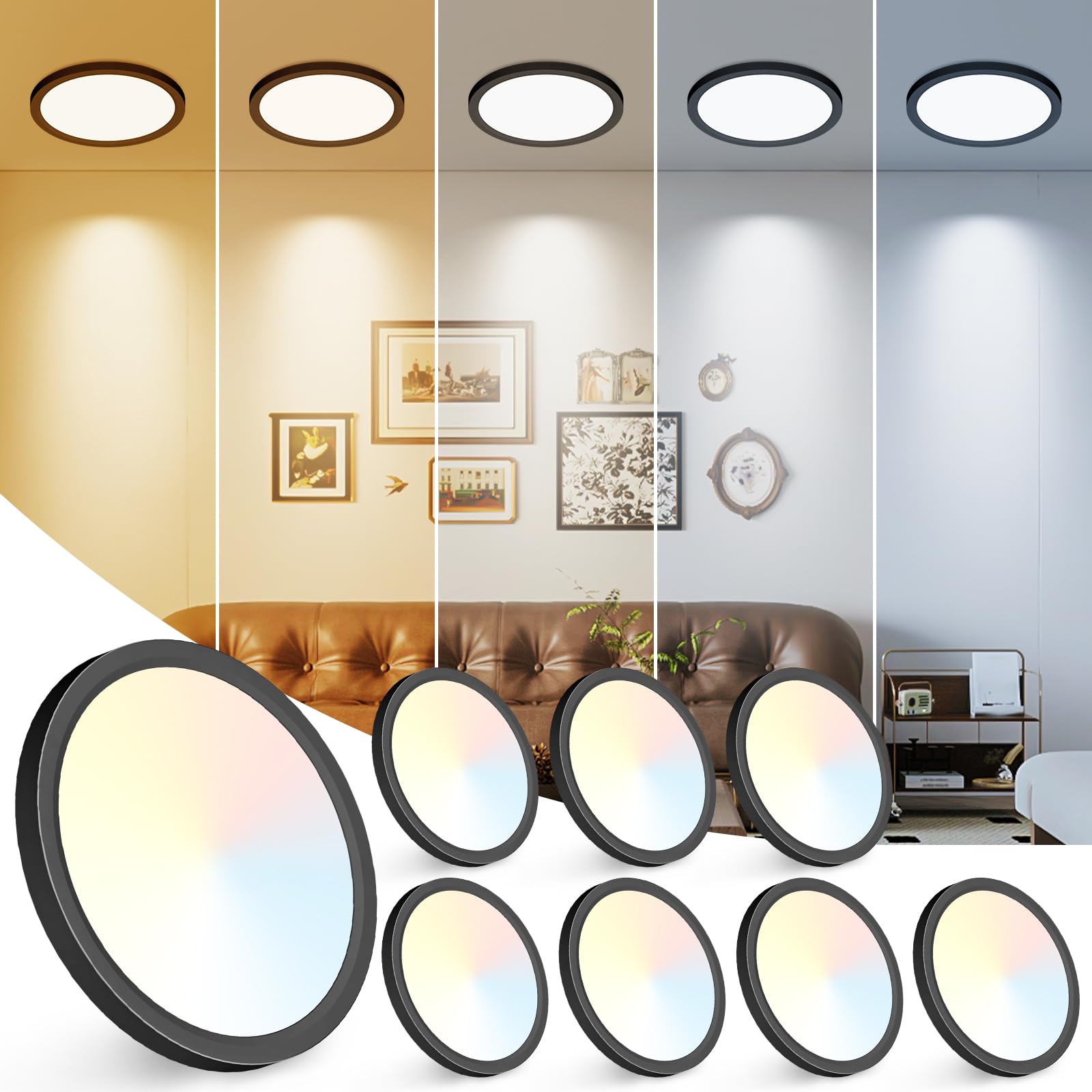 Peasur 7 Inch LED Ceiling Light, 15W 1500LM Adjustable, 3000K-6500K, Black, Model CL61A-8-BK, 8