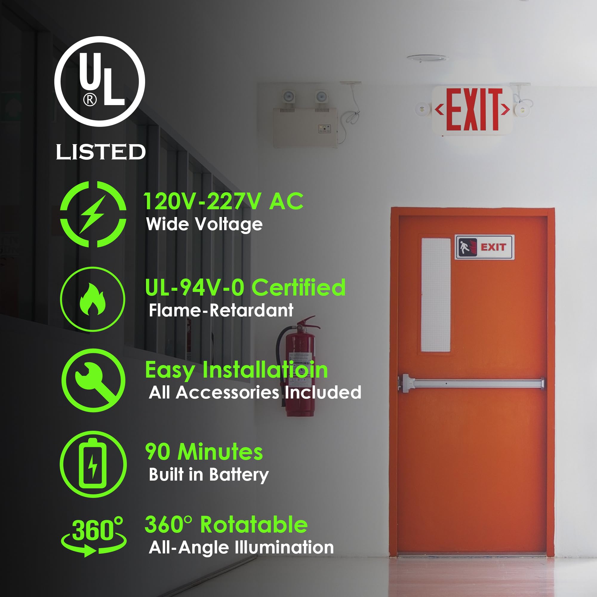 Gruenlich Led Exit Sign Combo With Emergency Lights, Adjustable Heads And Double Sided, Battery Backup, Ul 924 Qualified, Ac 120-277V, Commercial Emergency Exit Light For Business- 4 Pack