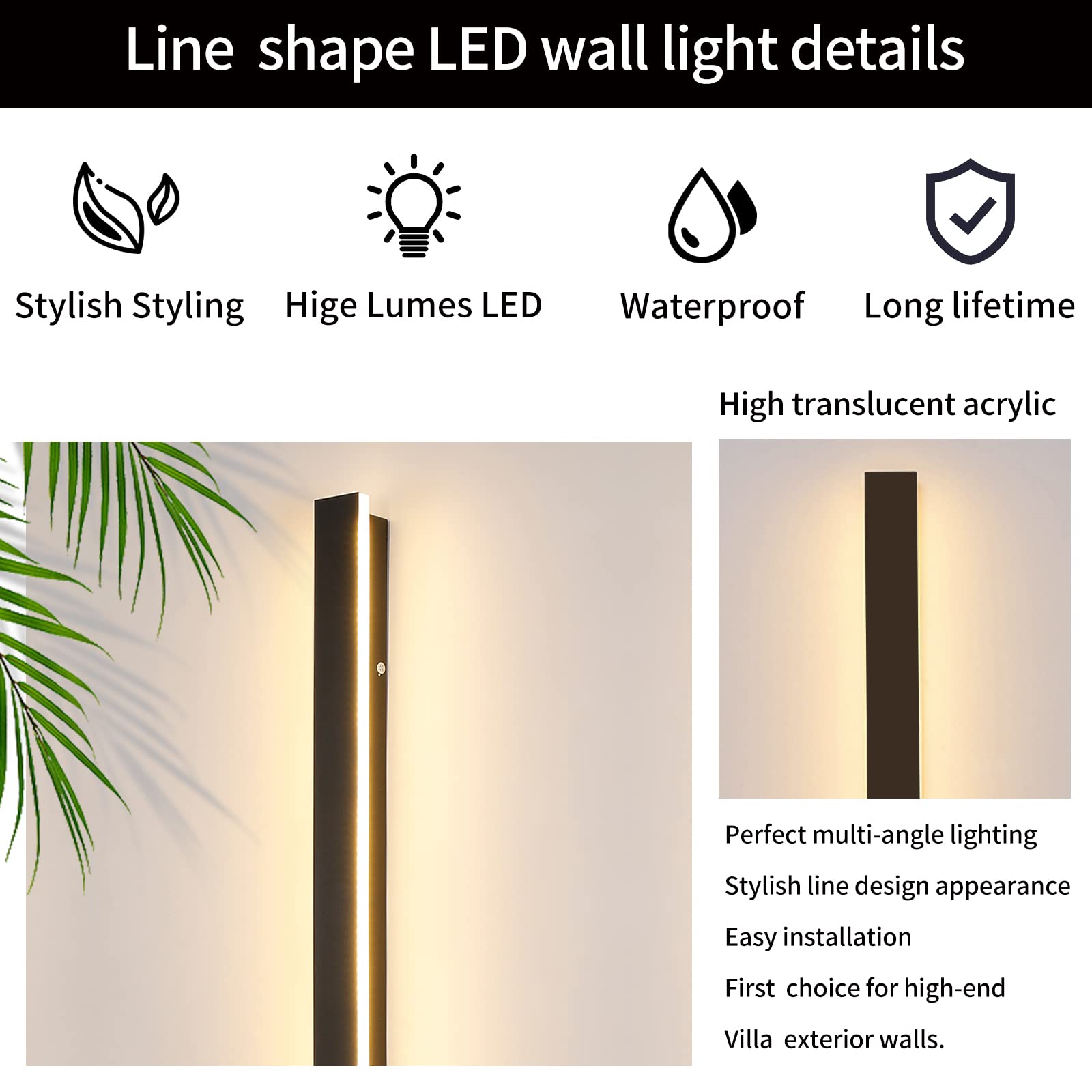 Modern Outdoor Long Led Porch Lights, 31 W Tricolor Light 3000K/4500K/6000K Wall Mounted Simple Long Strip Acrylic Wall Light, 3