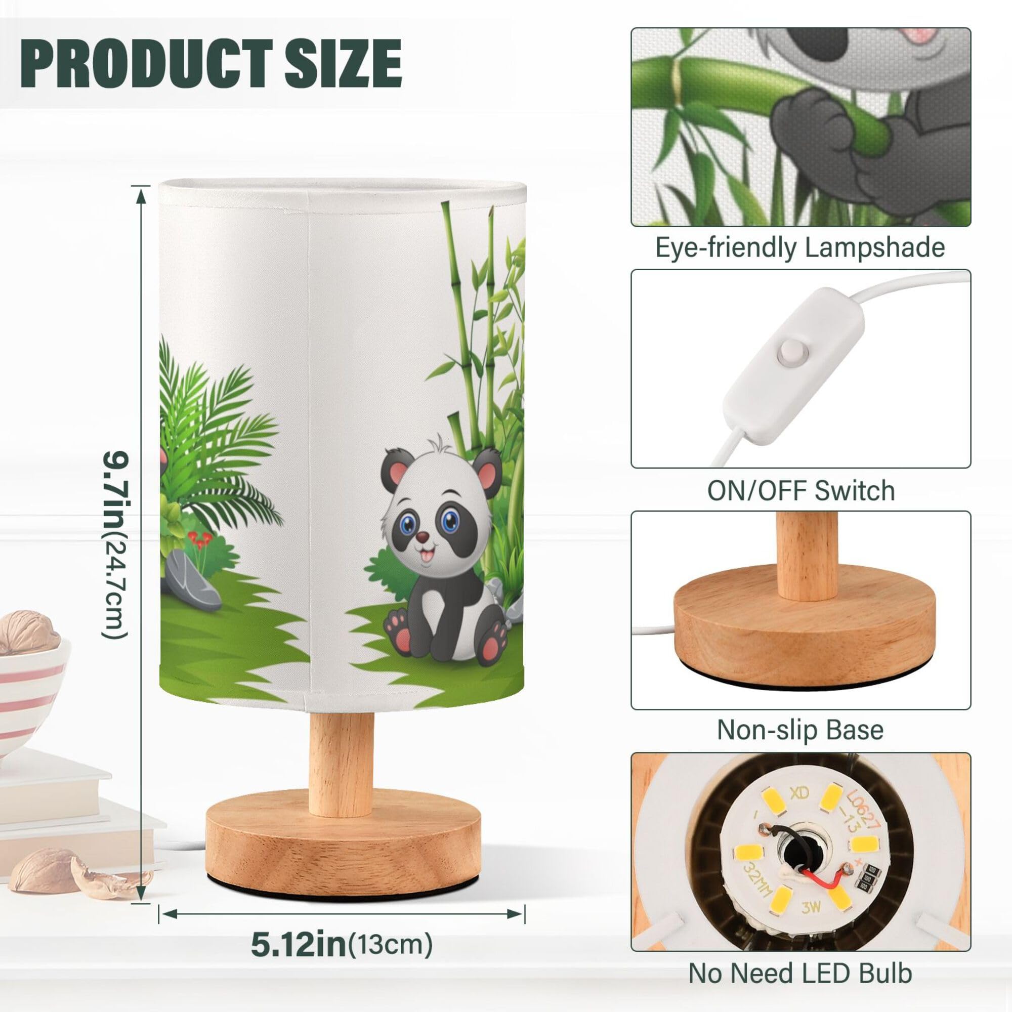 YYZZH Table Lamp Cute Panda Baby in Bamboo Garden Nightstand Lamp with Wood Base Fabric Lamp Shade Bedside Desk Lamp for Living