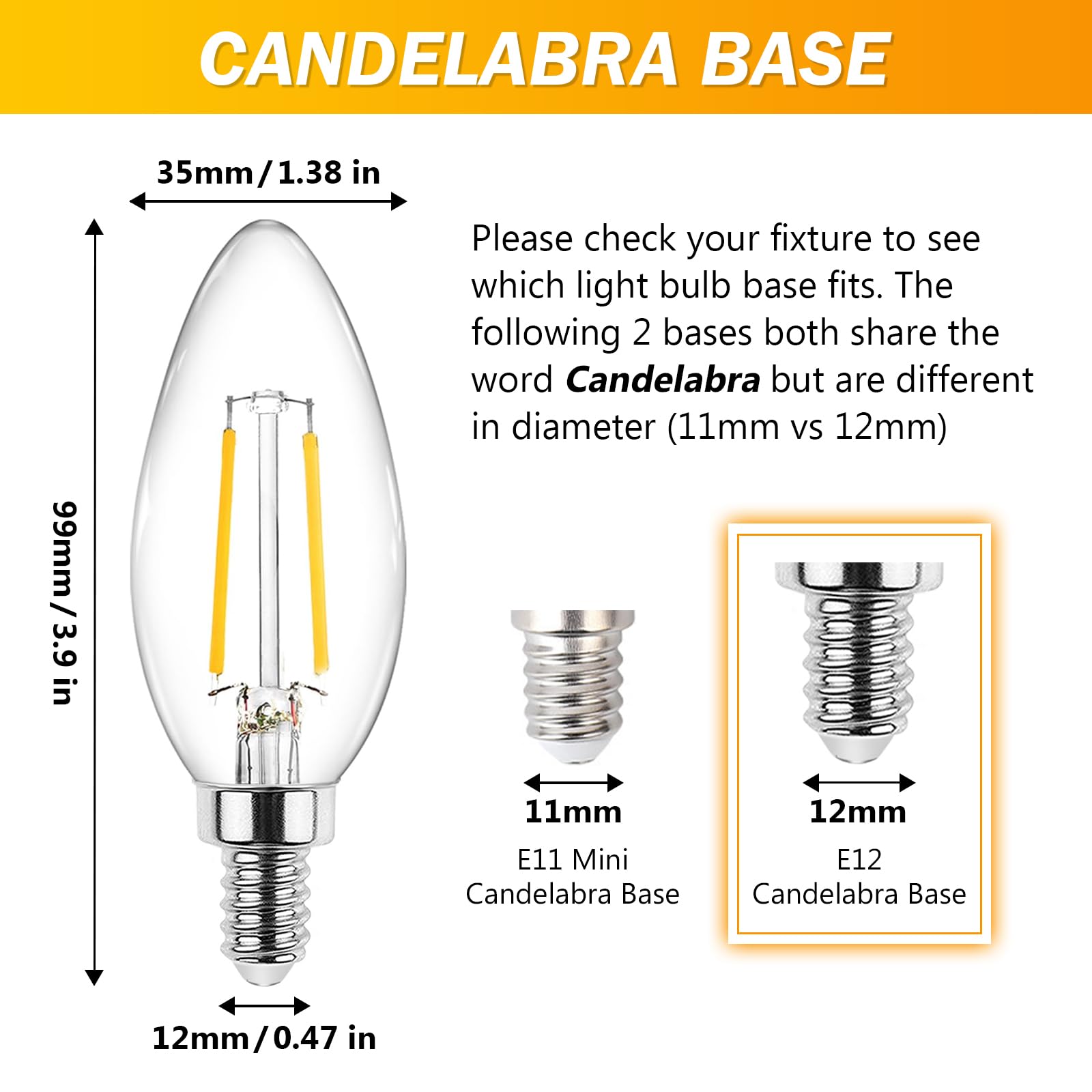 Ascher Classic E12 Led Candelabra Light Bulb 4W, Equivalent 40W, Warm White 2700K, Non-Dimmable, Clear Glass Filament Chandelier