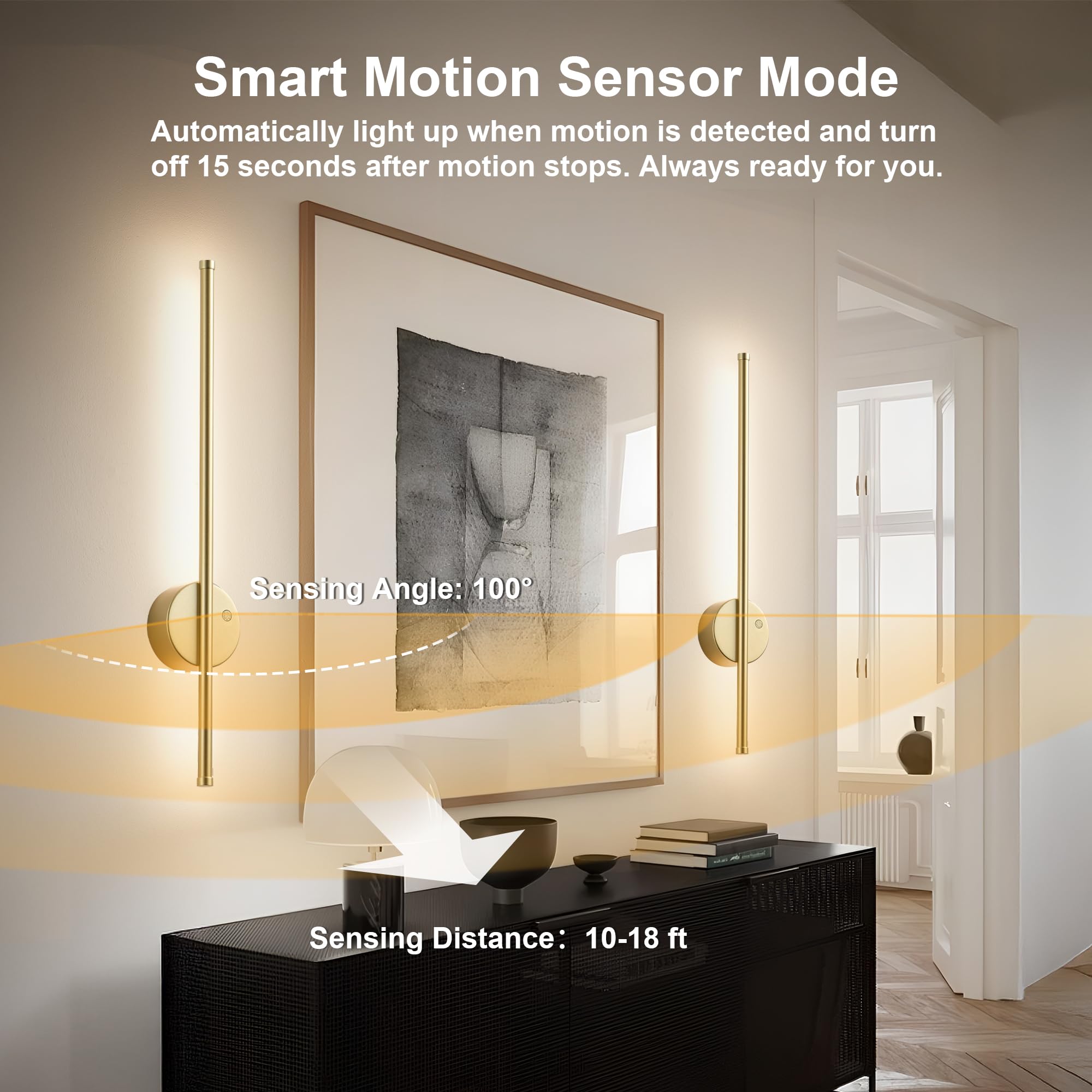 KARTOOSH Motion Sensor Wall Sconce Set of 2 - Rechargeable, Dimmable, 23.6 Inch, Gold, Model ZM330BGD60