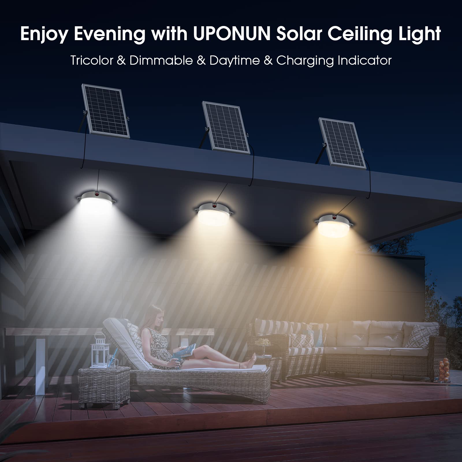 Uponun Solar Ceiling Light, Waterproof Dimmable 6000K/4000K/3200K Solar Shed Light With On Off Switch & Remote, Barn Lights Indo