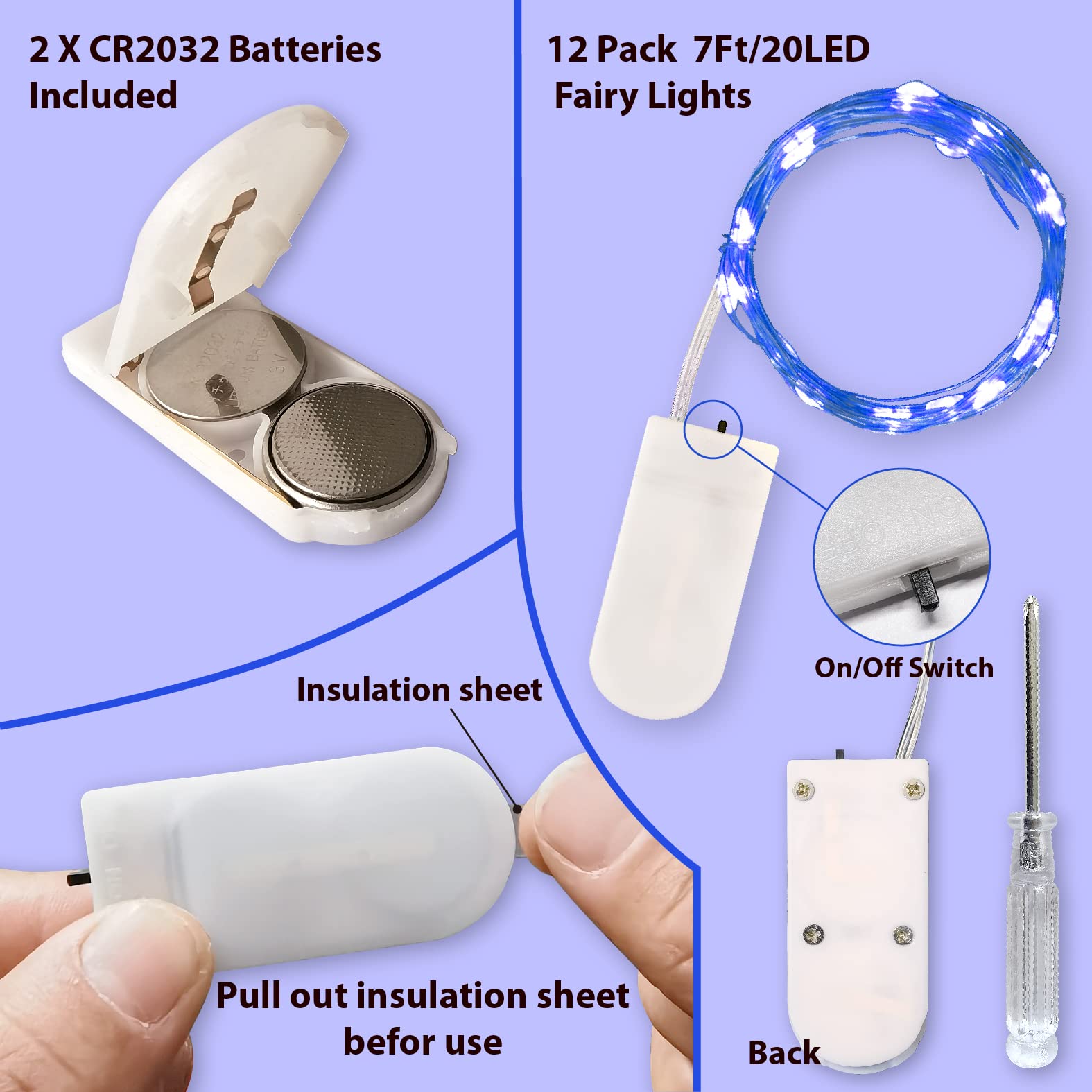 HXWEIYE 12 Pack Blue Fairy Lights, Battery Operated, 7ft, Silver Copper, Model HY100150-20-blue, for DIY Wedding Party Décor