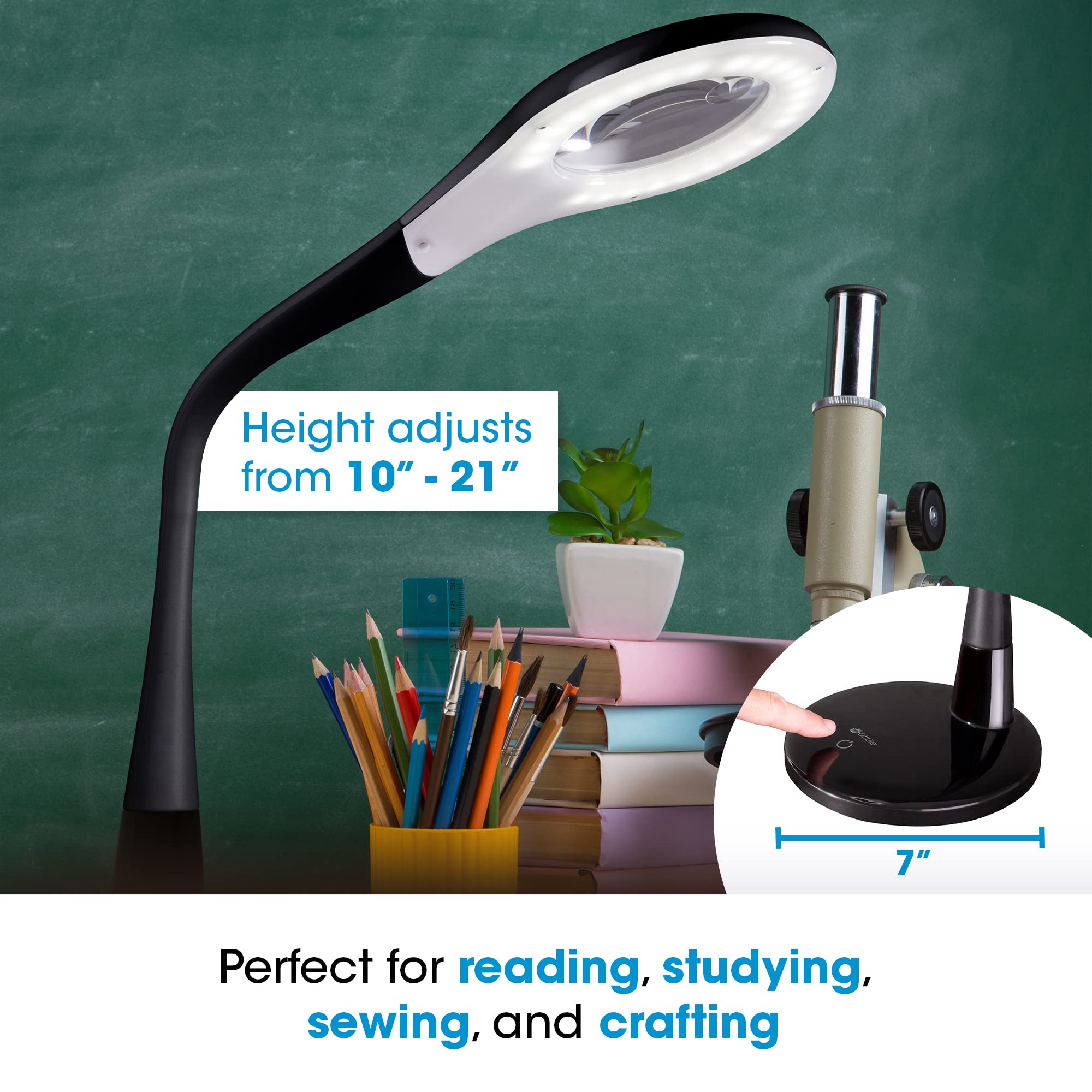 OttLite LED Desk Lamp with Adjustable Magnifier, Black, Small, 4 Brightness Settings, Flexible Neck, Model CSN97G5P