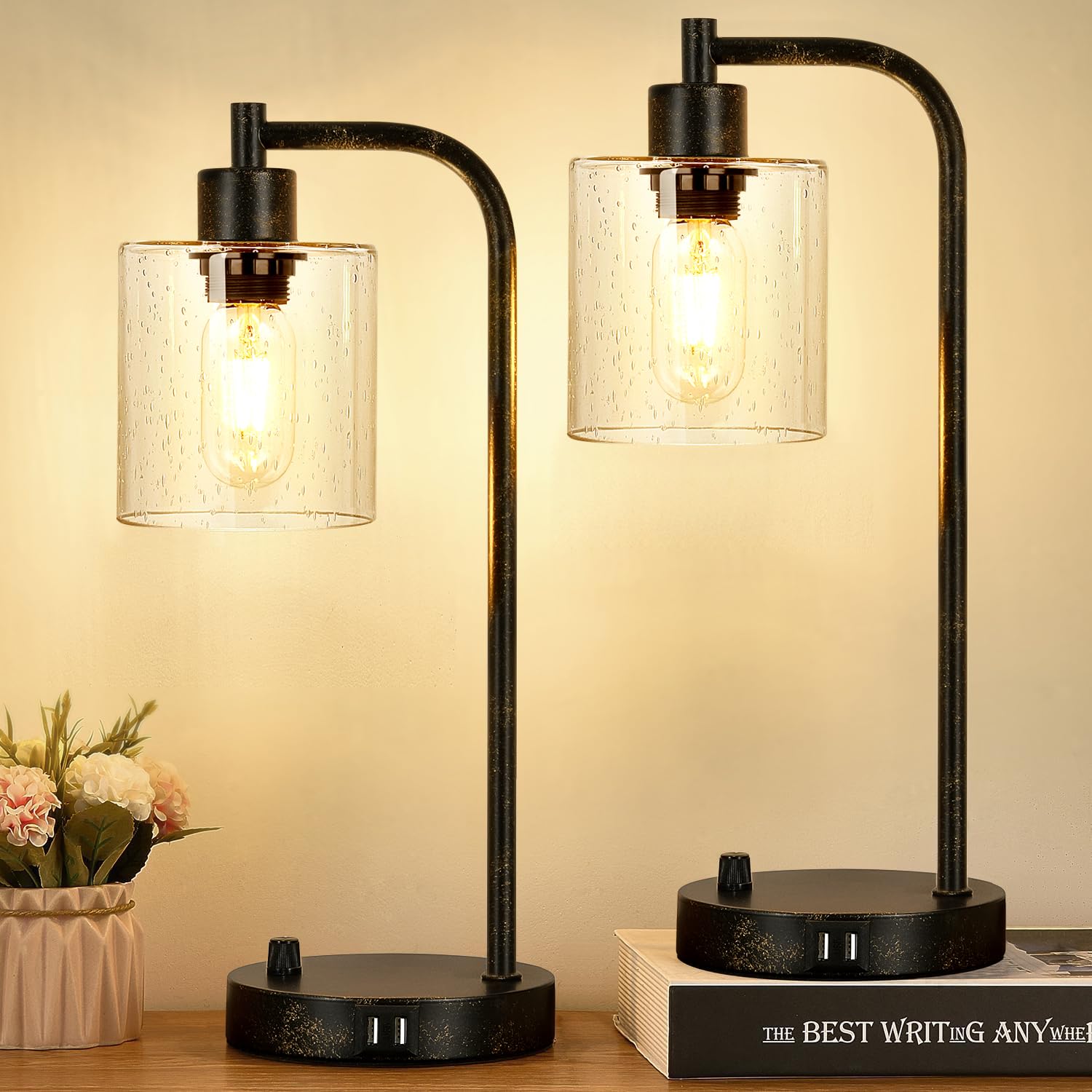Set of 2 Industrial Table Lamps with 2 USB Port, Rustic Black Fully Stepless Dimmable Bedside Lamps for bedrooms, Nightstand Des