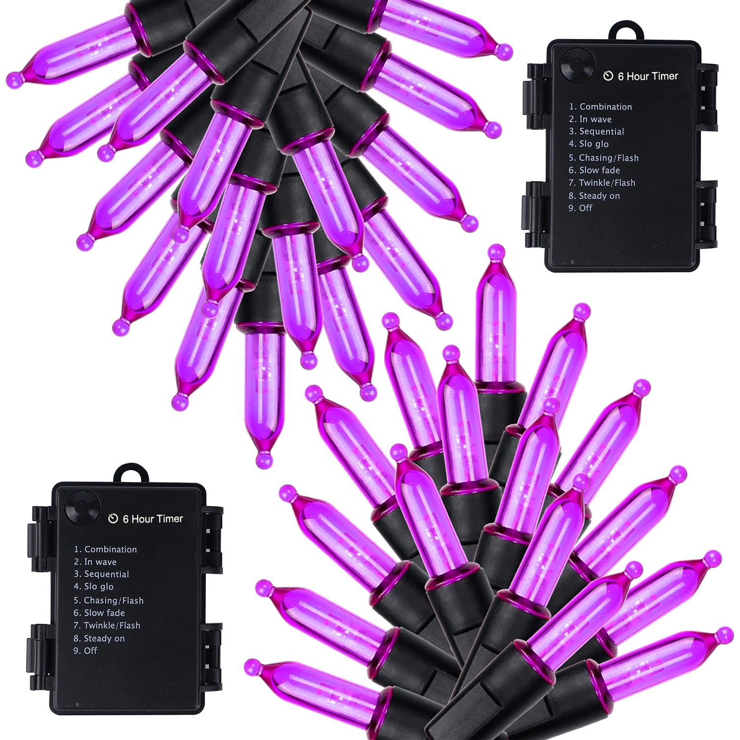 WATERGLIDE 50 LED Outdoor Halloween String Lights, 16 FT, 8 Modes, Waterproof, Battery Operated, Purple