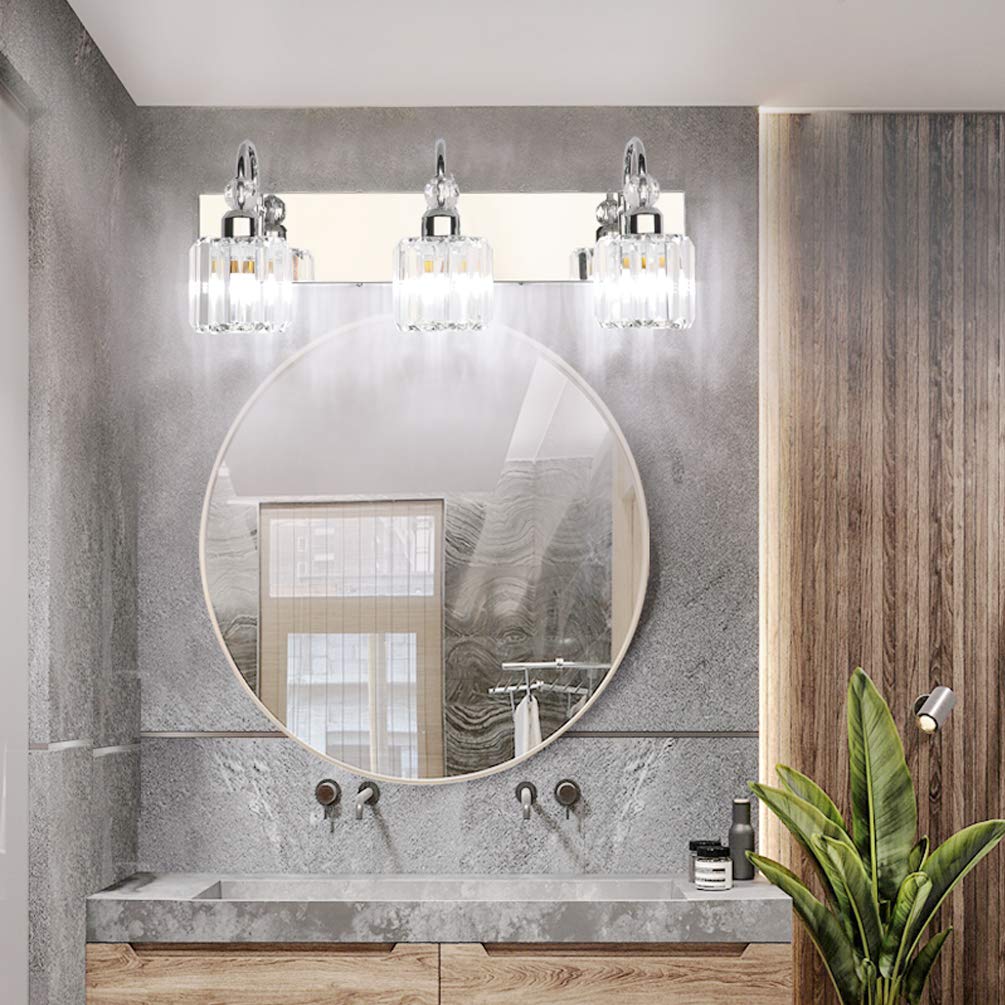 Ralbay Modern LED Crystal Bathroom Vanity Lights 3-Light Stainless Steel Fixture Round-Chrome Model 8600