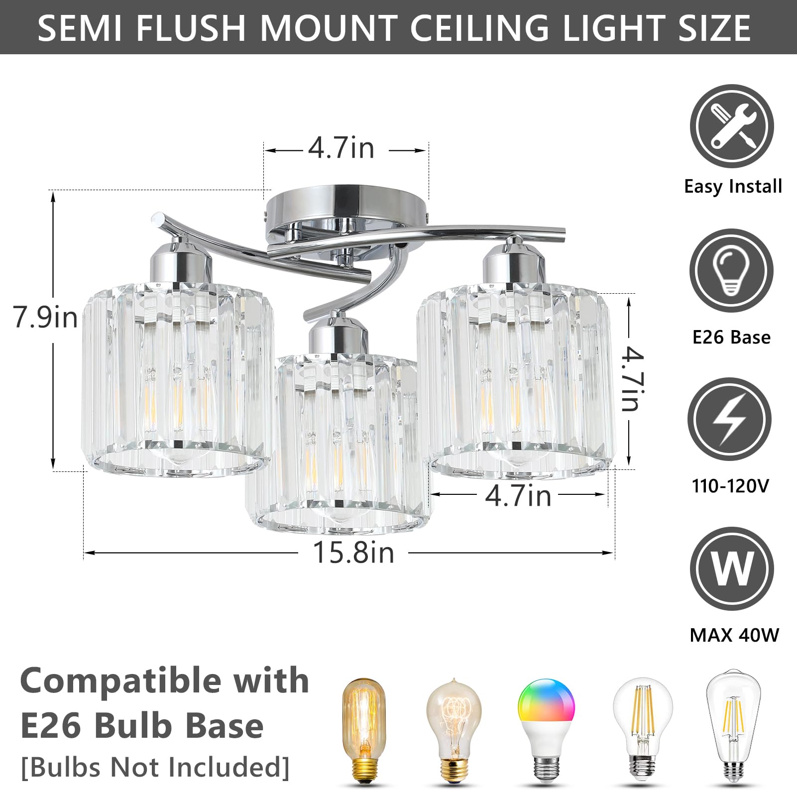 Crystal Close To Ceiling Light Fixtures 3-Light Chrome Modern Semi Flush Mount Ceiling Light Kitchen Light Fixture With Clear Crystal Shades Hallway Lighting Fixture For Entryway Bedroom Bathroom