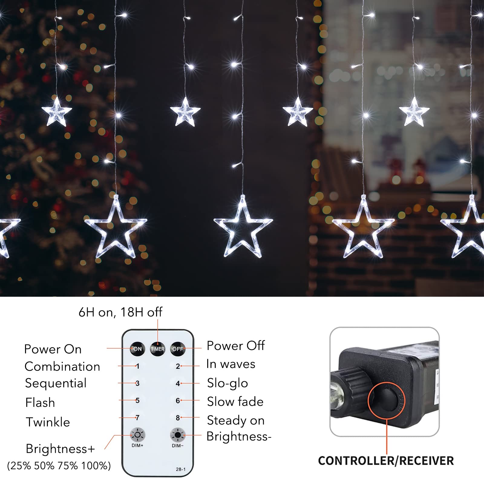 Star Curtain Lights For Bedroom - Plug-In 9Ft 138 Led Fairy Twinkle Lights With 12 Star Drops, Connectable Window Lights With Remote 8 Lighting Modes For Indoor Xmas Ramadan Decoration, White