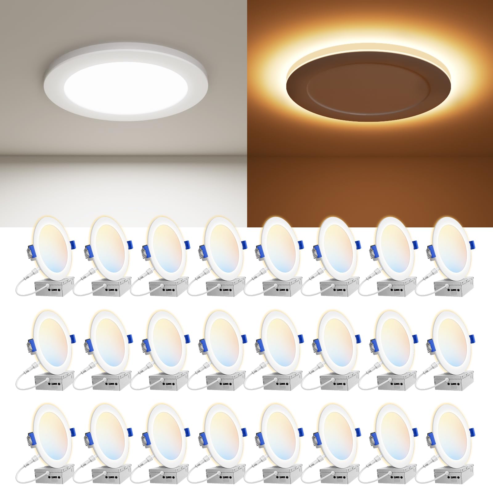 VOLISUN 24 Pack 6 Inch 5CCT Recessed Light with Night Light, Canless LED Recessed Lighting 6 inch, 2700K-5000K Selectable, 12W=1