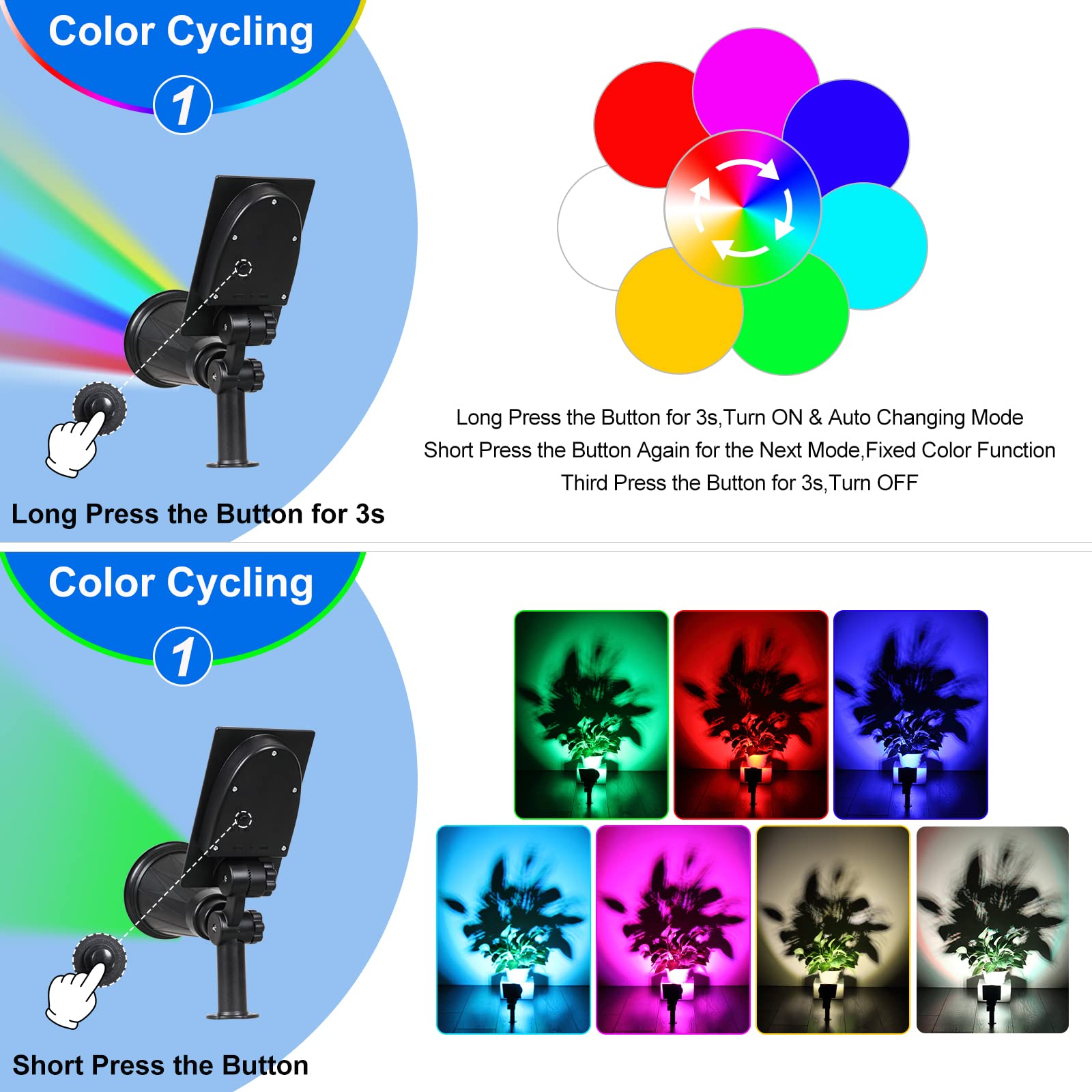 T-SUN Solar Spotlights, 7 Color Changing LED, Waterproof, 2 Pack, Model TS-G0102-7C, Auto ON/OFF for Garden, Patio, Driveway
