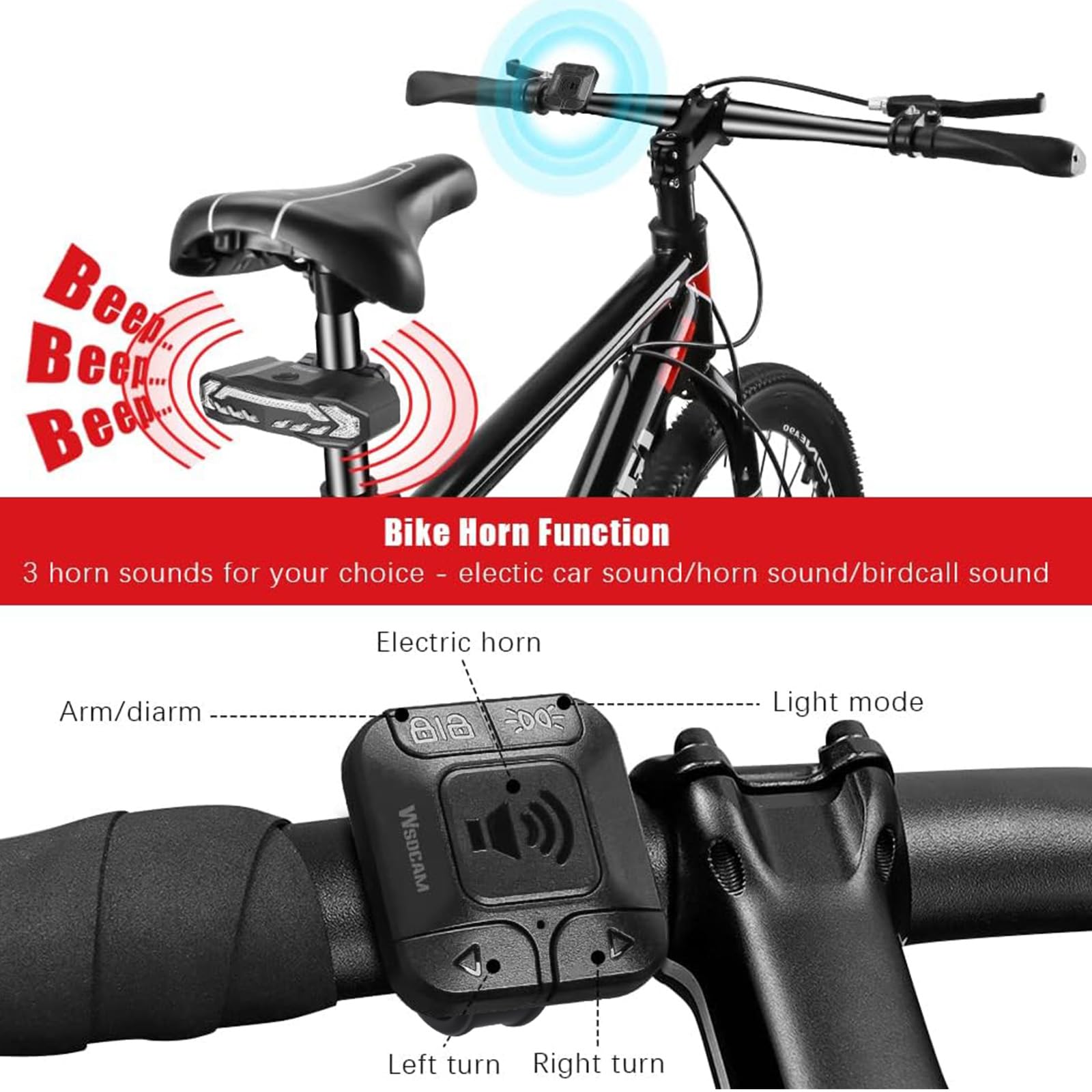 WSDCAM Smart Bike Tail Light with Turn Signals, Brake Light, Black, Waterproof, Rechargeable, Remote Control, Bike Alarm Horn
