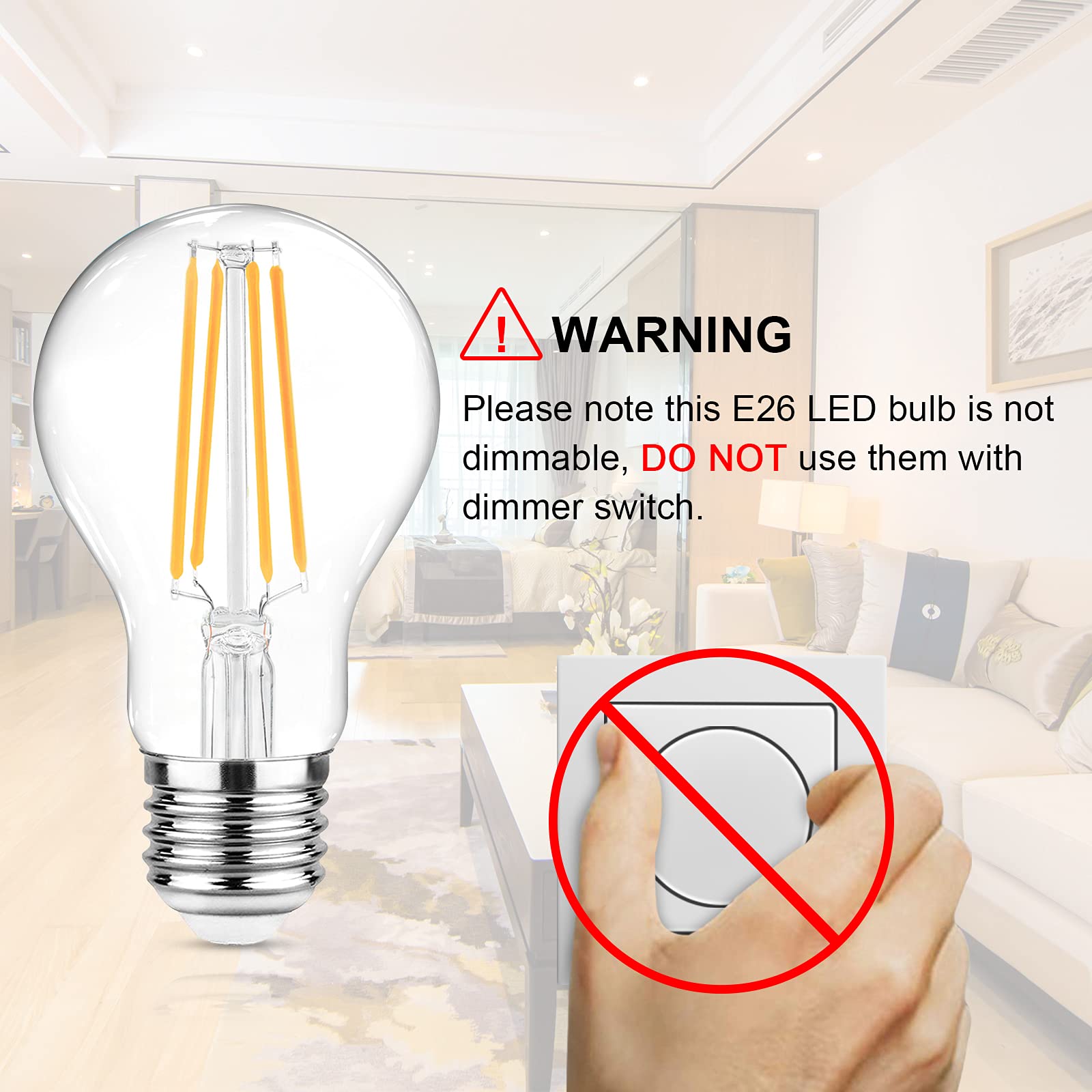 Ascher LED Filament Light Bulbs, 60W Equivalent, Warm White 2700K, Glass, 6-Pack