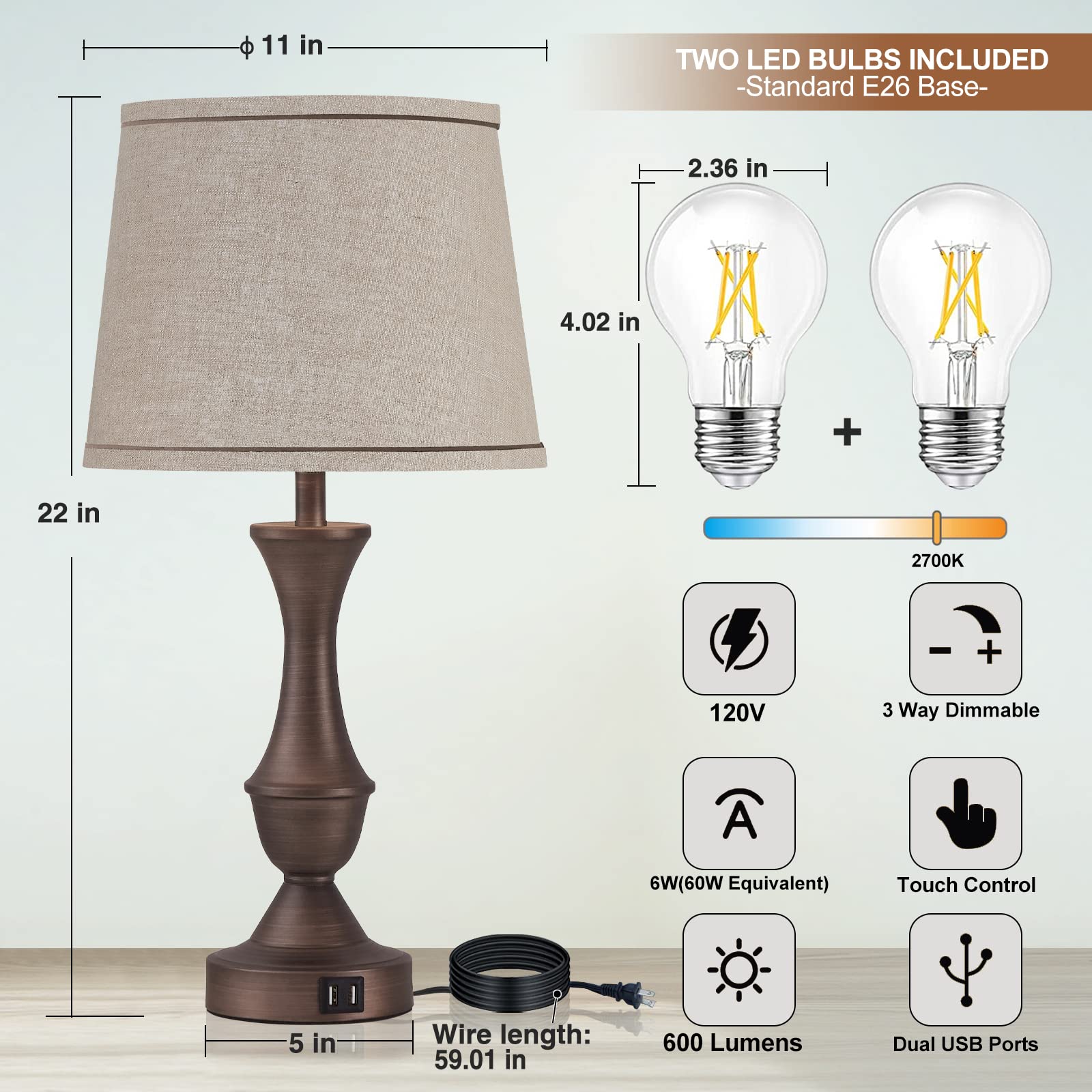 Touch Table Lamps Set Of 2, 22'' Tall Bedside Lamps With Usb C+A Ports, 3-Way Dimmable Table Lamp, Nightstand Lamps For Bedroom,