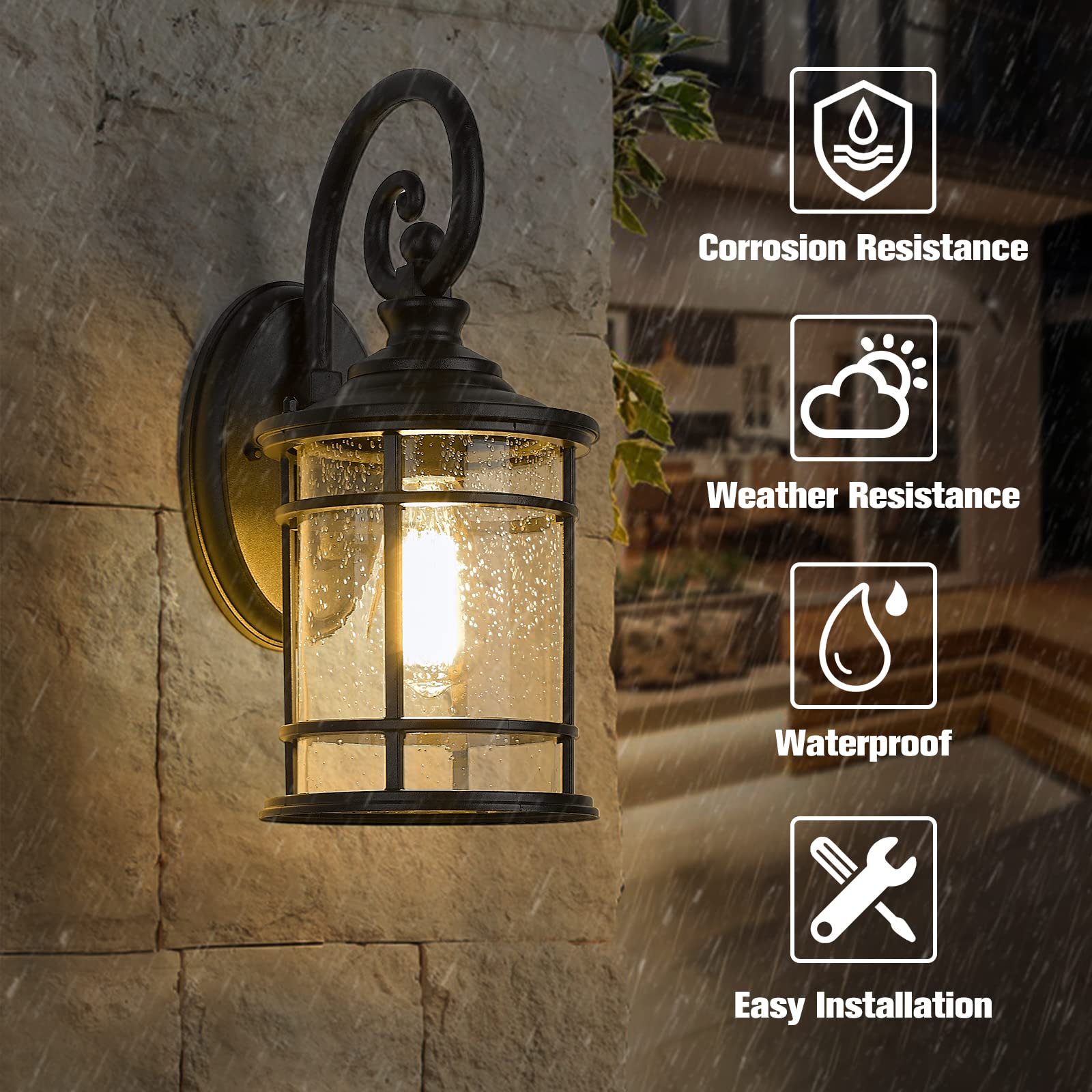 Emliviar Modern Outdoor Wall Lantern, Black Seeded Glass, 15.5&quot; Height, Garage/Porch Light