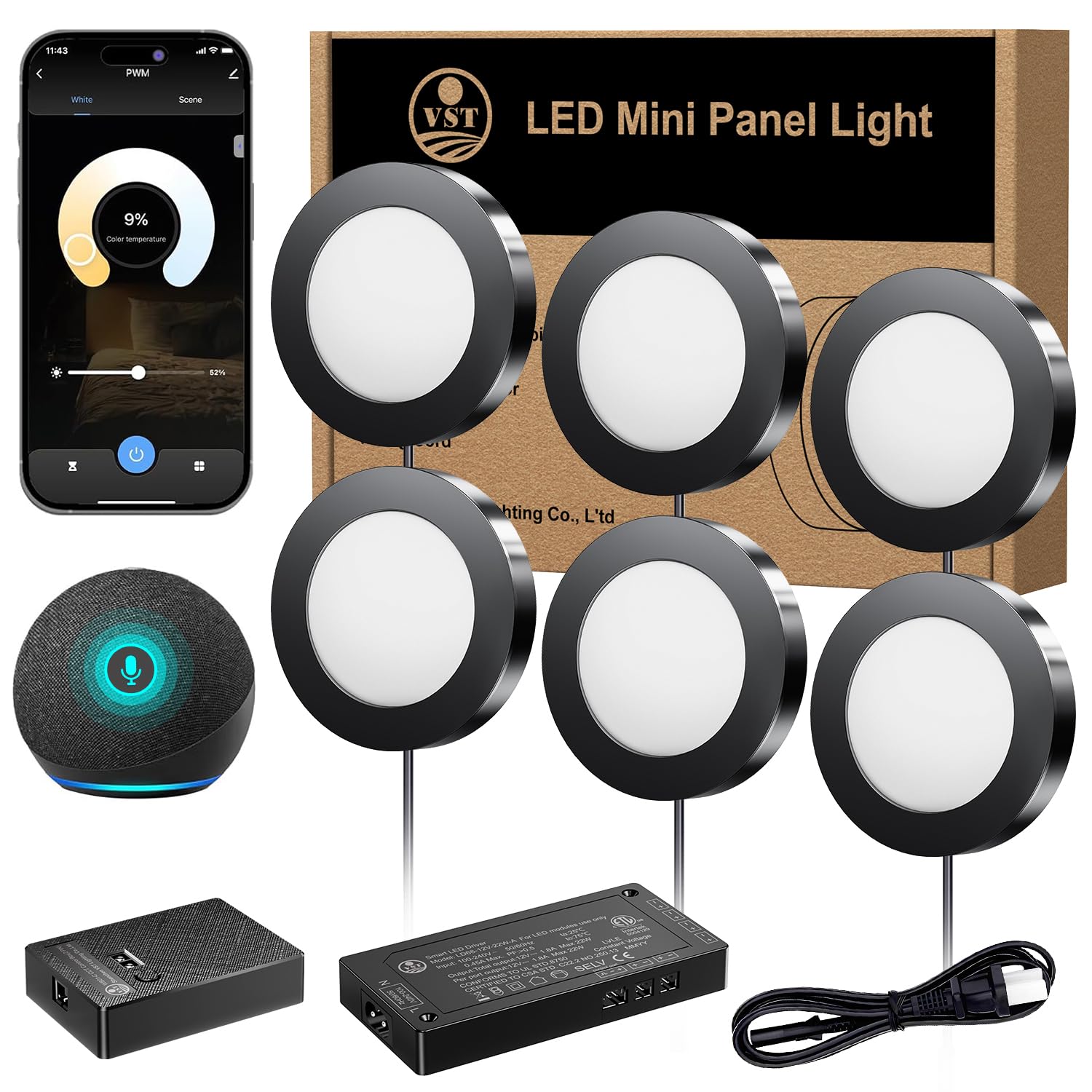 VST Smart Under Cabinet Lighting with Handwave and Alexa Google Assistant App Remote Control, Recessed or Surface Mount 12V 2W/p