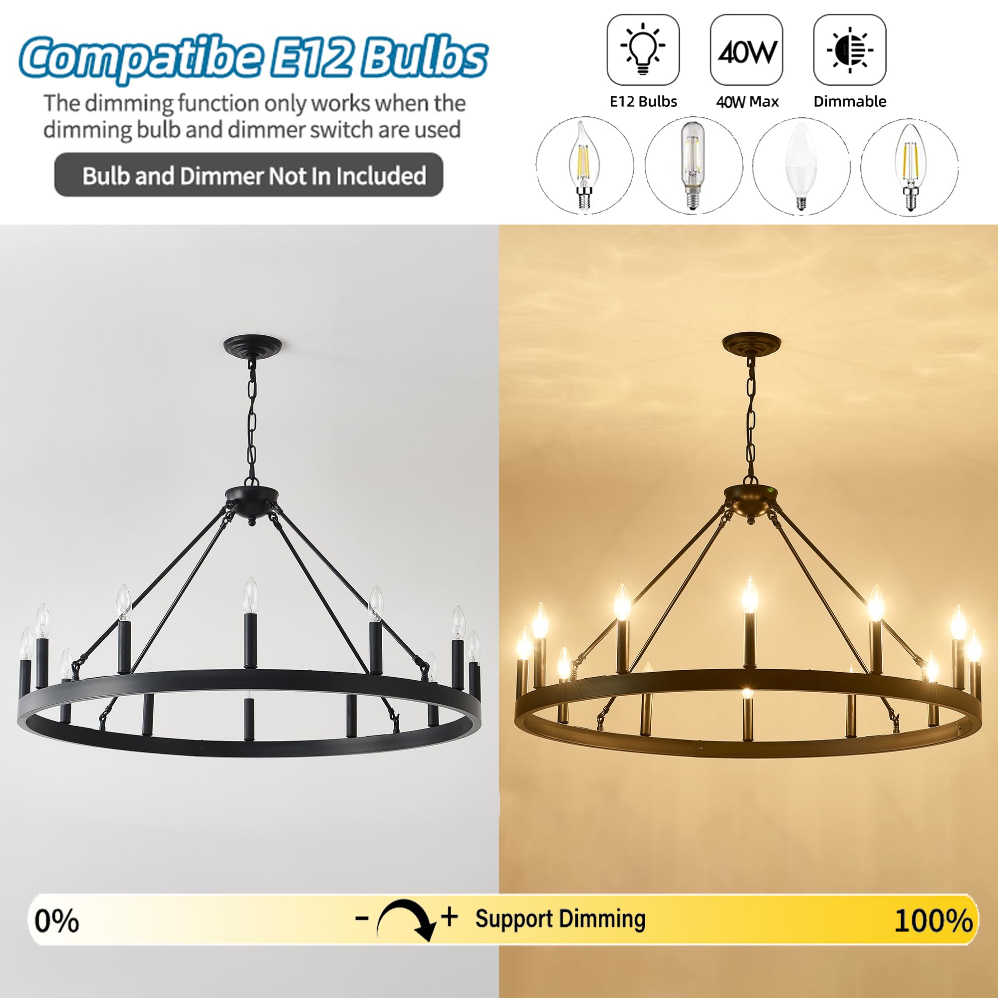 Jtyp 40 Inch Black Farmhouse Wagon Wheel Chandelier,12-Light Round Industrial Pendant Light Fixtures For Outdoor Porch High Ceil