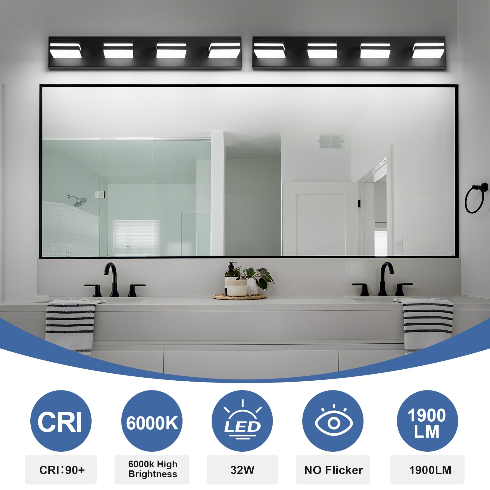 Jzekvn Modern Led Bathroom Lights Fixtures(4-Light) Metal Black Acrylic Wall Lighting Vanity Lights For Bathroom Over Mirror(6000K 27In