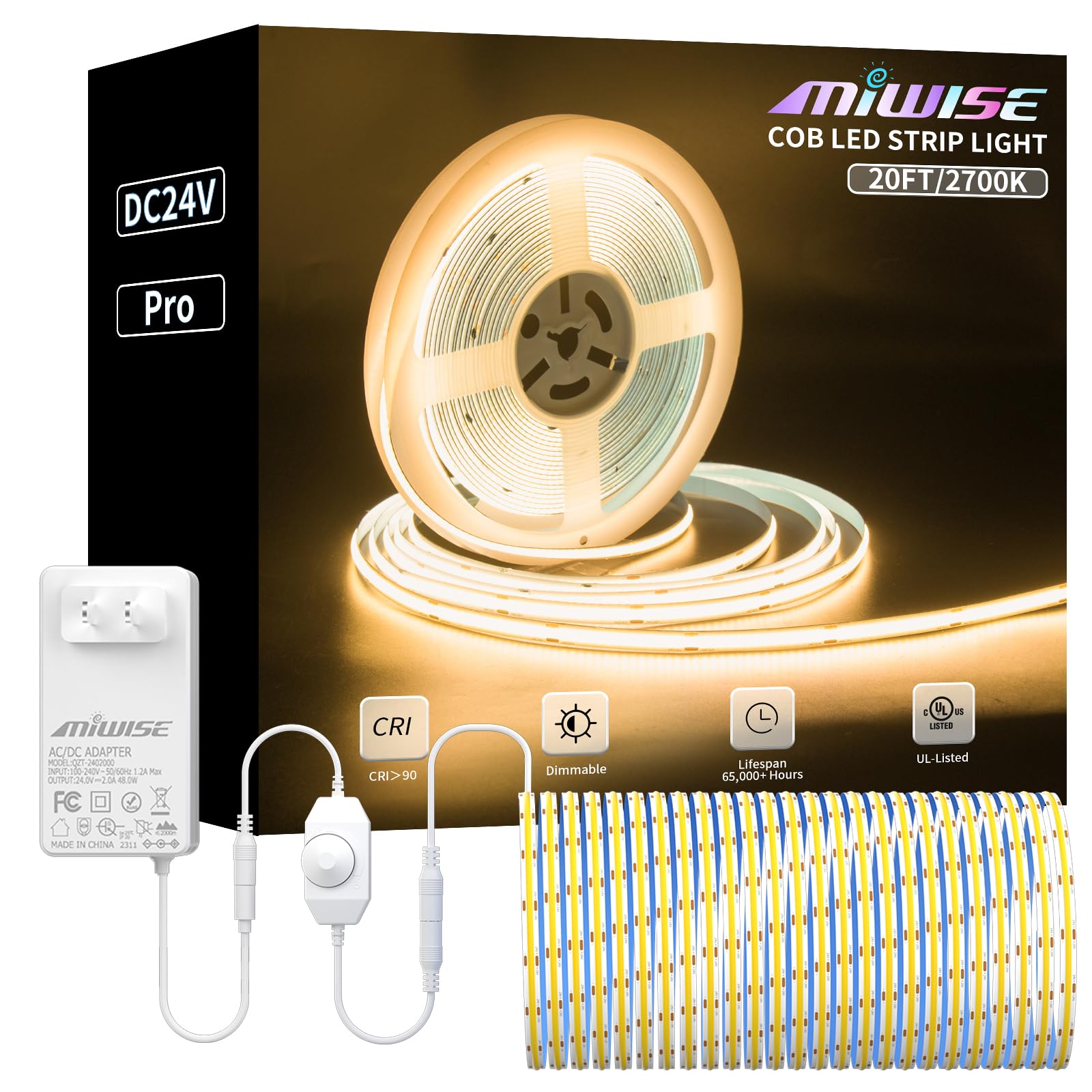 Miwise Cob Led Strip Light 20Ft/6.1M,Cri 90+ Warm White 2700K High Lumen Dimmable Super Bright Flexible Dc24V Led Tape Light With Controller/Dimmer,For Cabinet Home Office Diy Lighting Projects