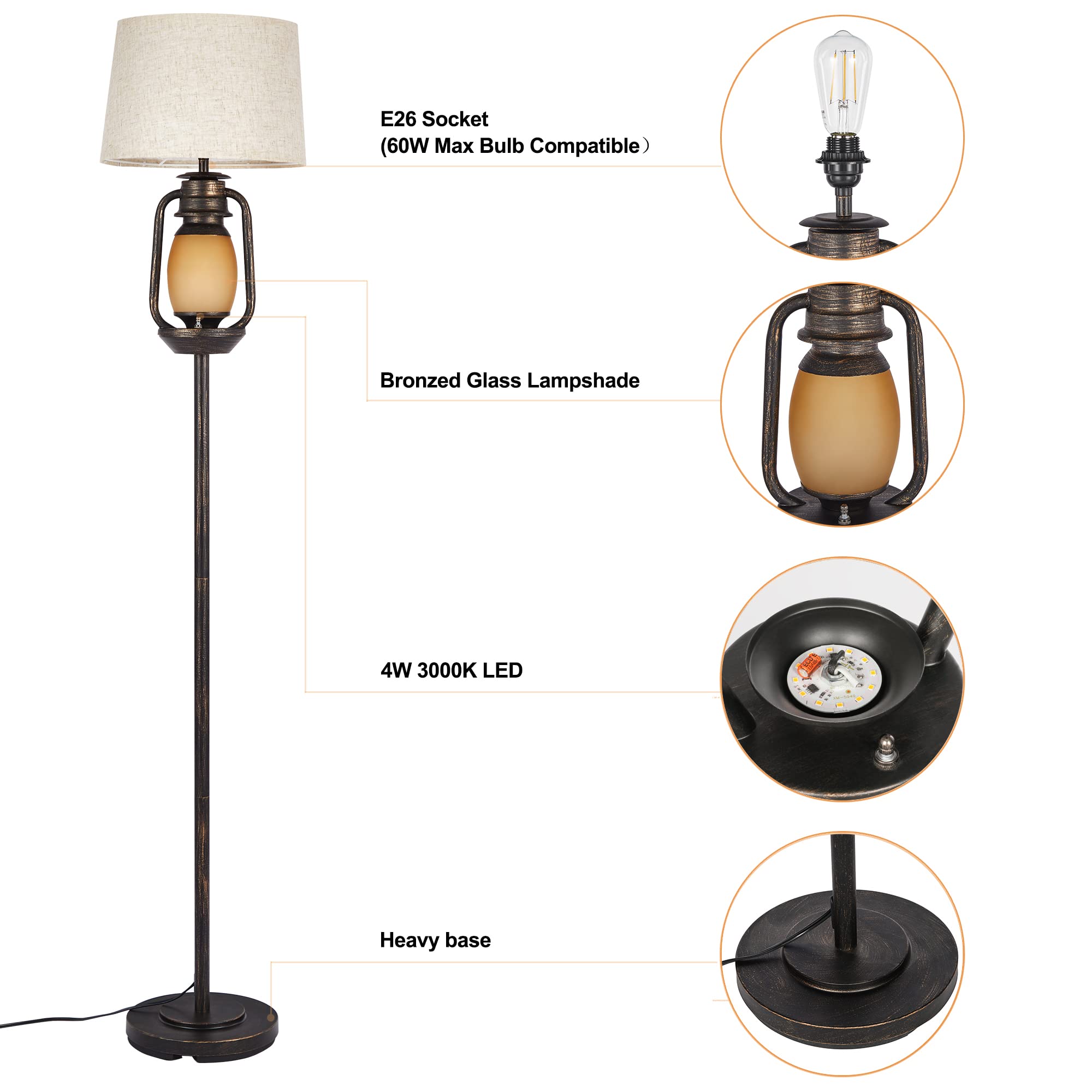 Suraielec Farmhouse Floor Lamp With Night Light, Rustic Bronze Standing Lamp For Living Room