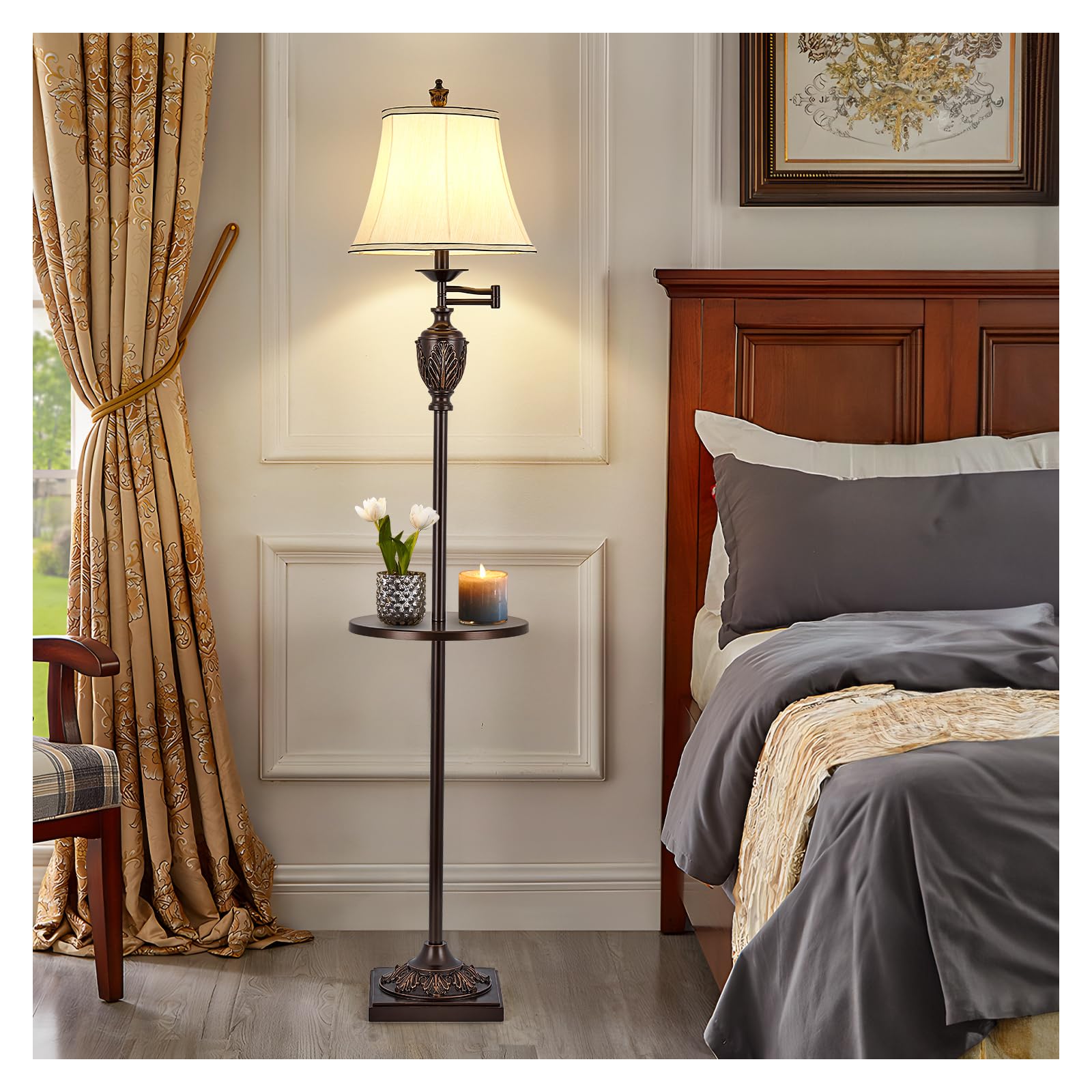 Traditional Led Floor Lamp With 350? Adjustable Swing Arm Lamp - Vintage Standing Pole Lamp For Living Room, Bedroom And Office