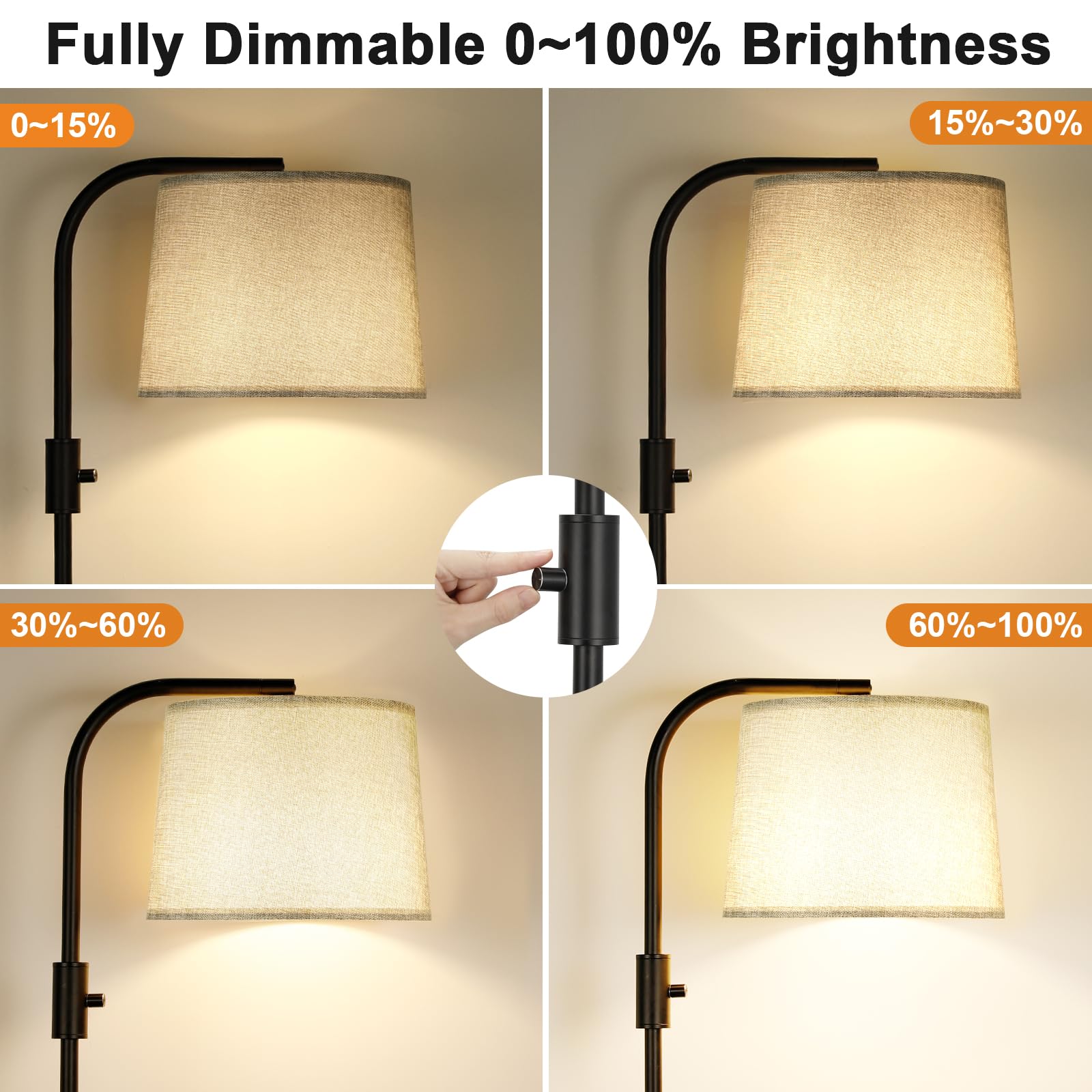 Ambimall Floor Lamp - Fully Dimmable 9W LED, Adjustable Head, Large, Metal, Black and Linen Grey