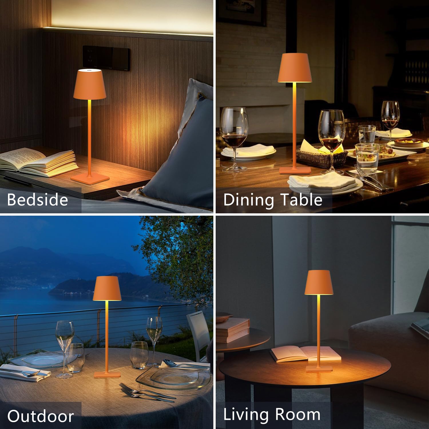 Yogaret Orange Cordless Table Lamp Set of 2 - 3 Way Stepless Dimmable Metal for Dining Bedroom Home Bar
