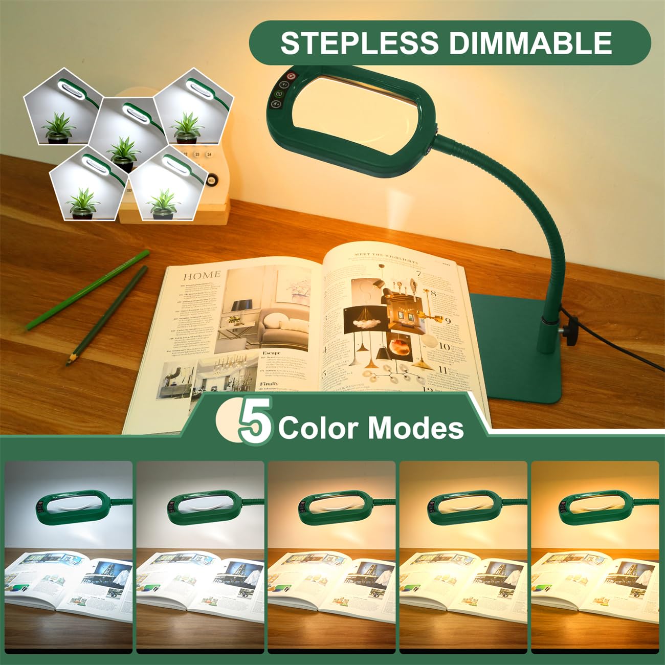 Veemagni 10X Rectangle Magnifying Glass, LED Lighted Desk Lamp, Flexible Gooseneck, Green, Model GE602