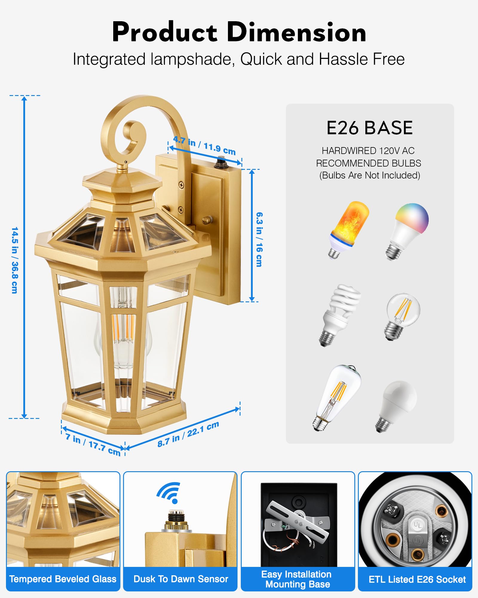 OPAXIS Gold Outdoor Porch Lights, Waterproof Wall Lanterns, Dusk to Dawn, Model P8105, Standard 1-Pack