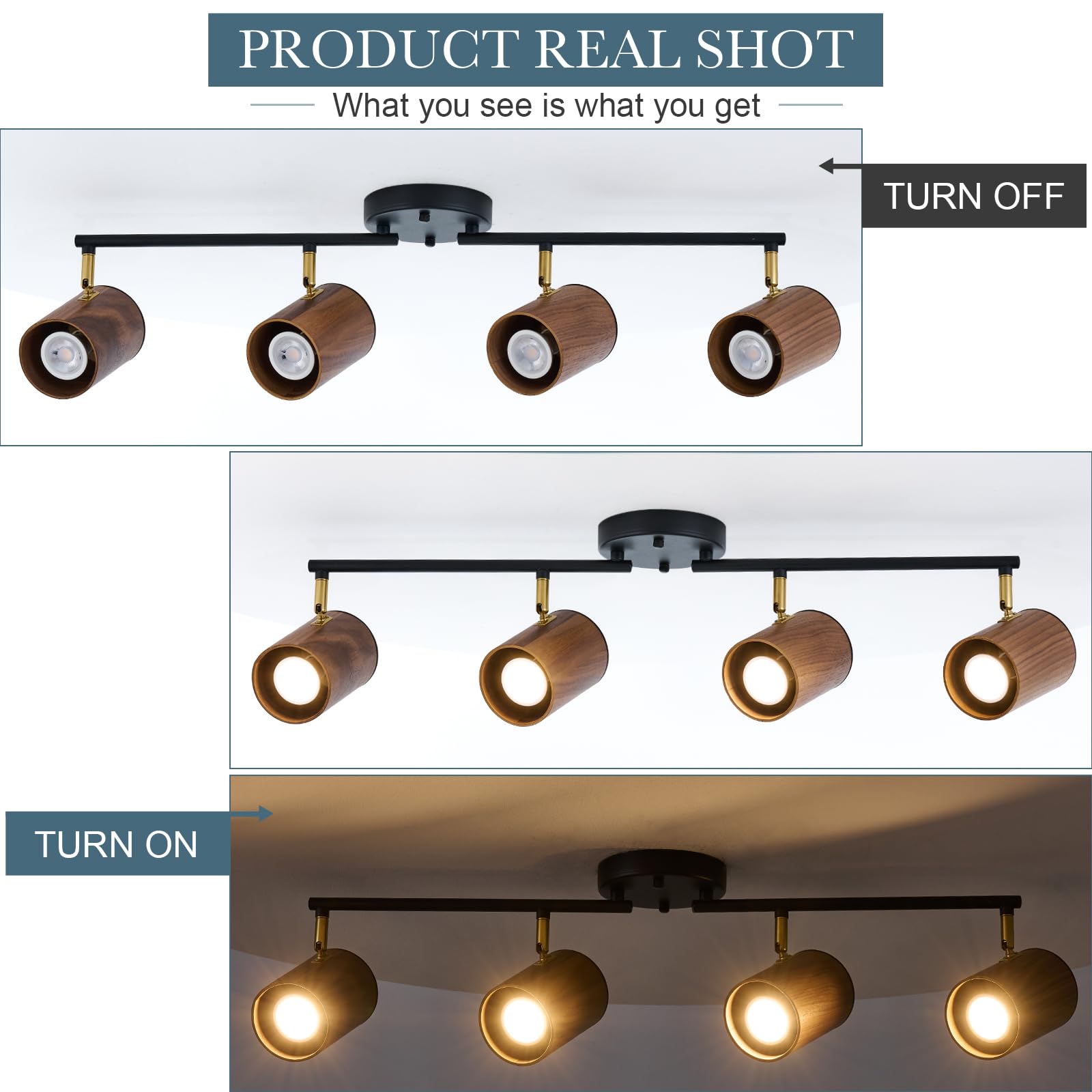 Modern 4-Light Track Lighting Kit Fixture, Adjustable Matte Black Finish And Dark Wood Lampshade Ceiling Light, Brass Swivel Ite