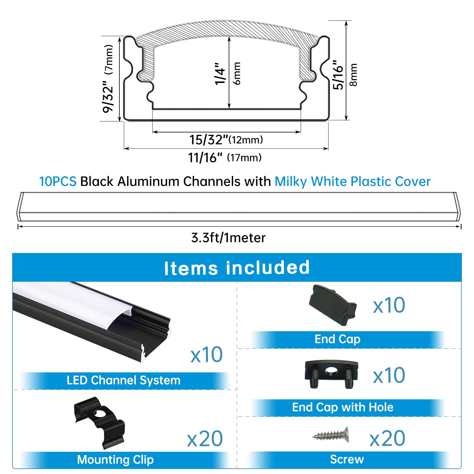 Muzata LED Channel Black Aluminum U Shape Diffuser 3.3FT/1M with Milky White Cover, Model U1SW